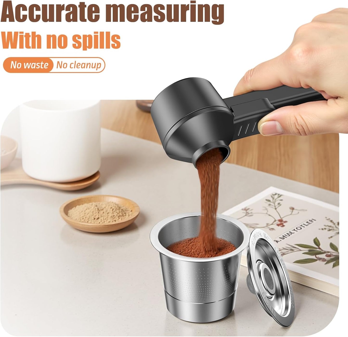 CAPMESSO Coffee Scoop & Funnel for Reusable K Cup Refillable Coffee Pods: 2 Tablespoon Coffee Measuring Scoop - Easy Slide Scoop for Ground Coffee, Protein Powder, Tea without Spilling (1 Pack)