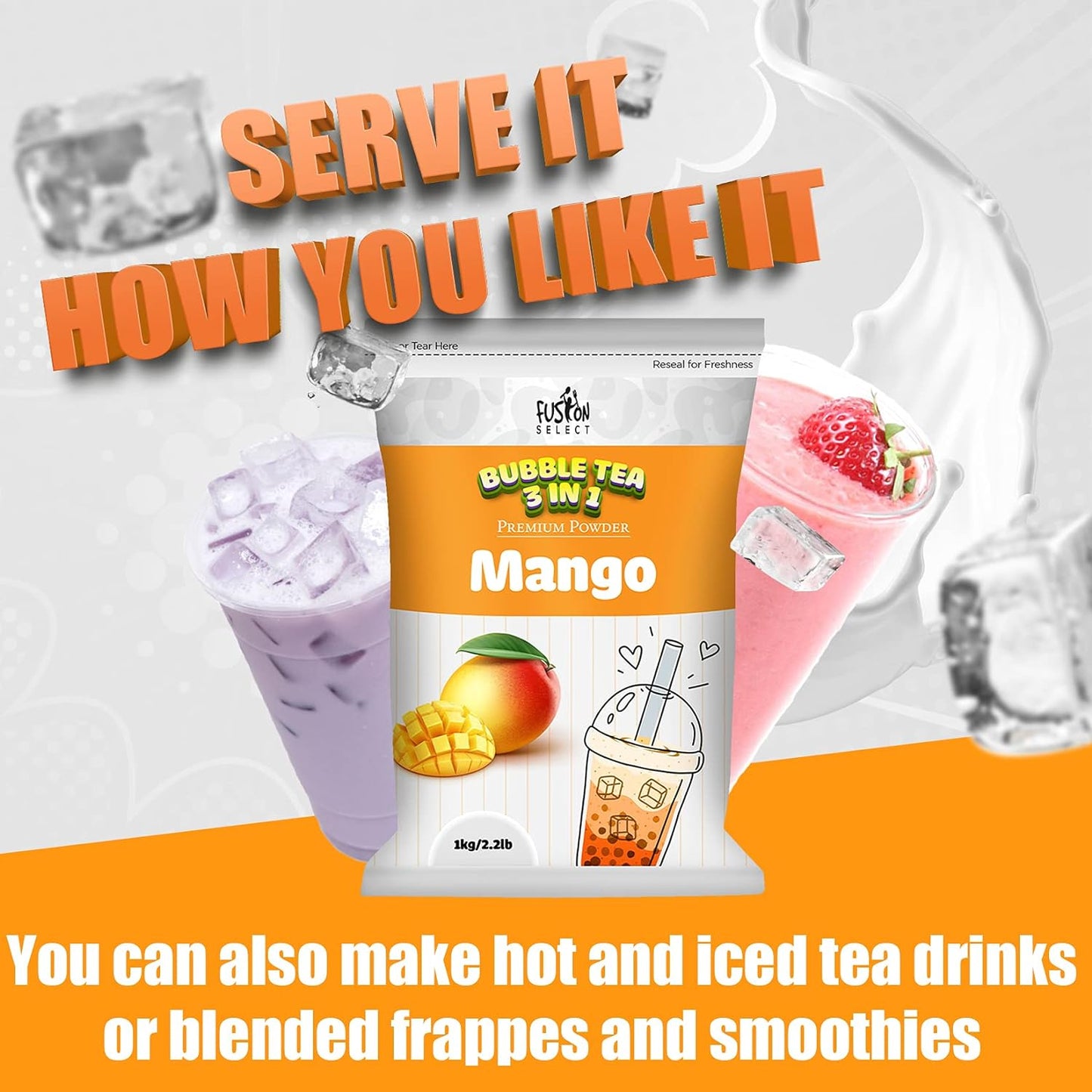 Fusion Select 2.2lb Tea Powder Peach Flavored-3-in-1 Drink Powder with Cream & Sugar - Instant Pre-Mixed Beverage for Hot or Cold Blends or Yummy Frappes (Peach)