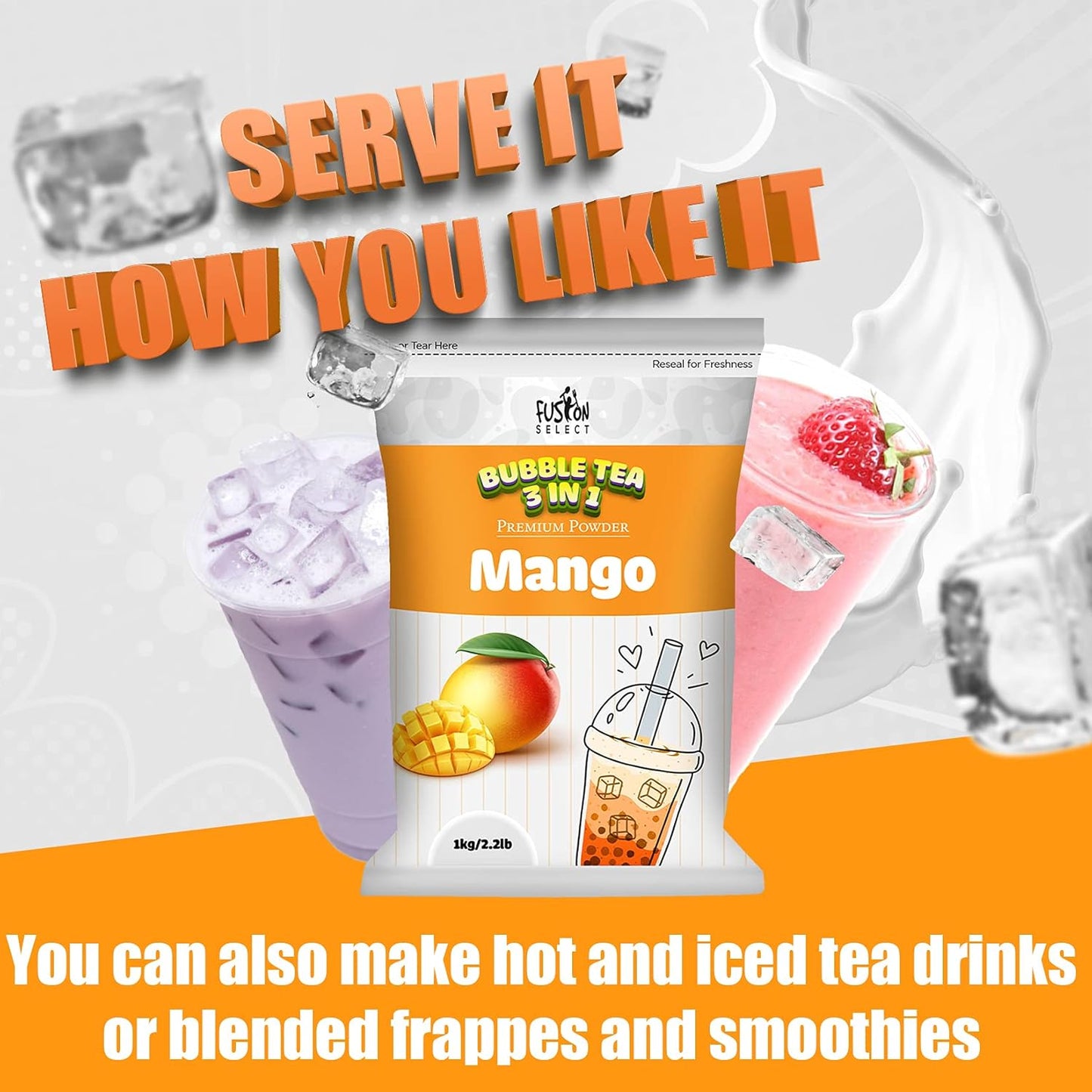 Fusion Select 2.2lb Boba Milk Tea Flavored-3-in-1 Drink Powder with Cream & Sugar - Instant Pre-Mixed Beverage for Hot or Cold Blends or Yummy Frappes