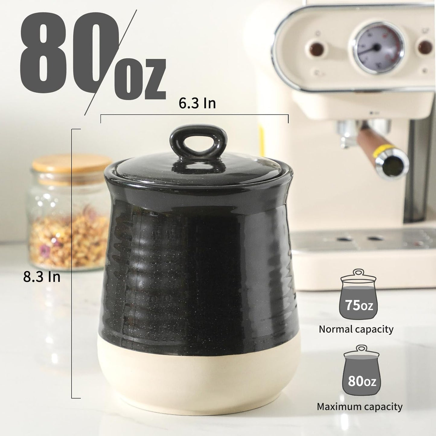 Hasense Ceramic Kitchen Canister, 75 OZ Coffee Canister with Lid, Airtight Food Storage Jar for Coffee Bean, Nuts, Candy, Spice, Flour and Herb, Large Food Container, Kitchen Decor, Black
