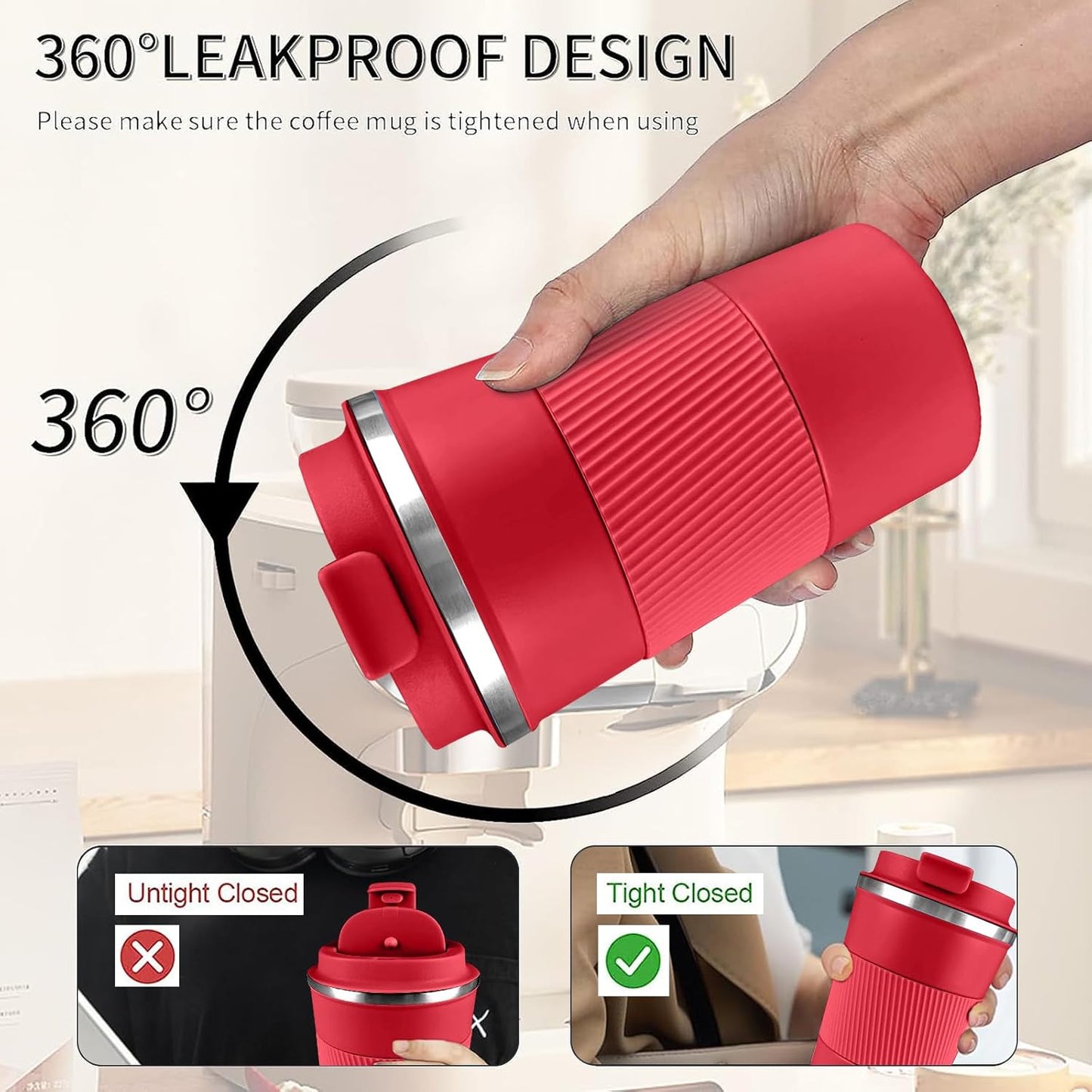 YINBAOGE Insulated Travel Coffee Mug Spill Proof Leak Proof Pobtable To Go Camping Stainless Steel Coffee Tumbler Reusable Coffee Cups with Lids Thermos for Hot and Cold Drink (Red, 17 OZ)