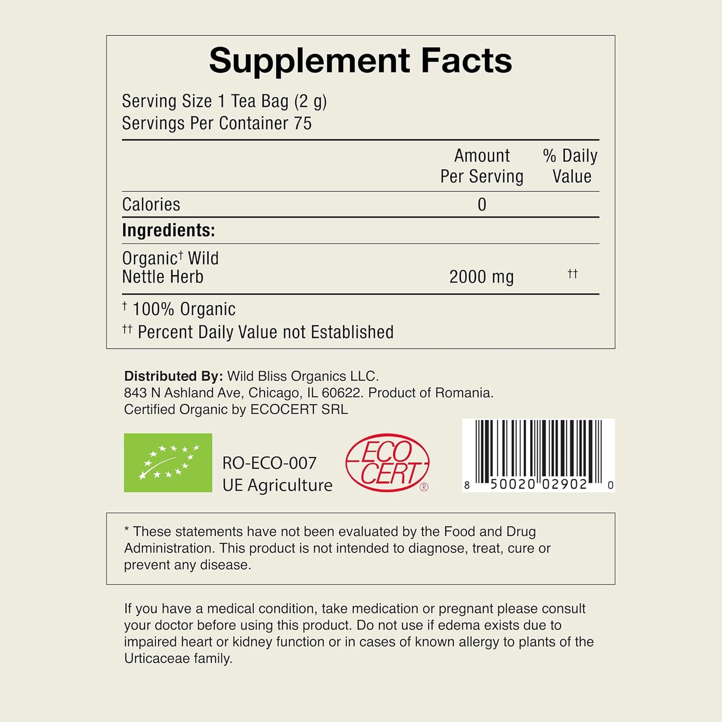 Wild Bliss Organic Wild Stinging Nettle Leaf Tea - Caffeine Free Urinary Tract and Joint Health Herbal Support - Pharmacopoeia Potency - 75 Plant Based Tea Bags