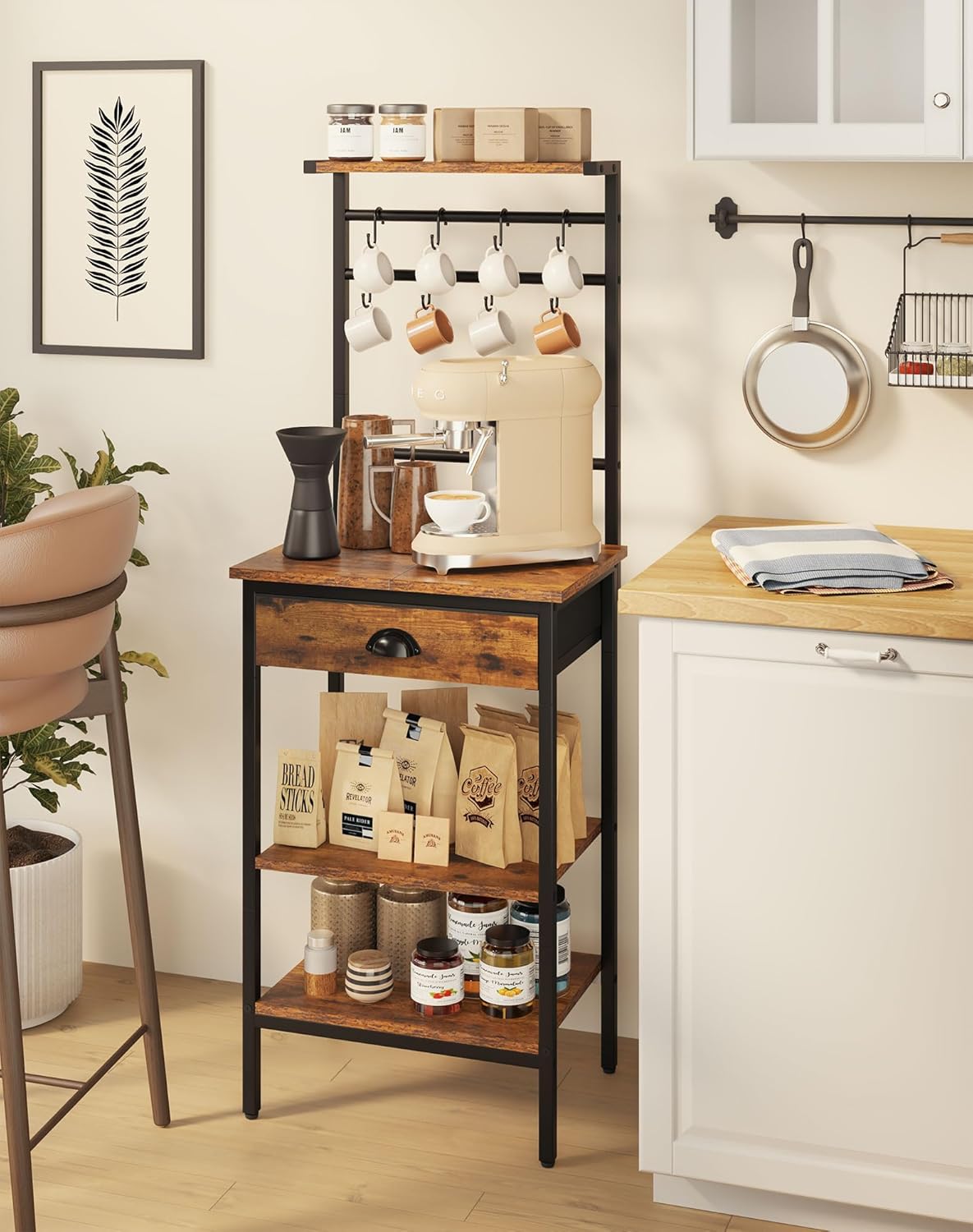 YMYNY 5 Tier Coffee Bar Station, Coffee Stand with Fabric Drawers, 8 S-Shaped Hooks, Corner Bar Cabinet, Height Adjustable, Bakers Rack for Kitchen, Living Room, Rustic Brown HBR009H