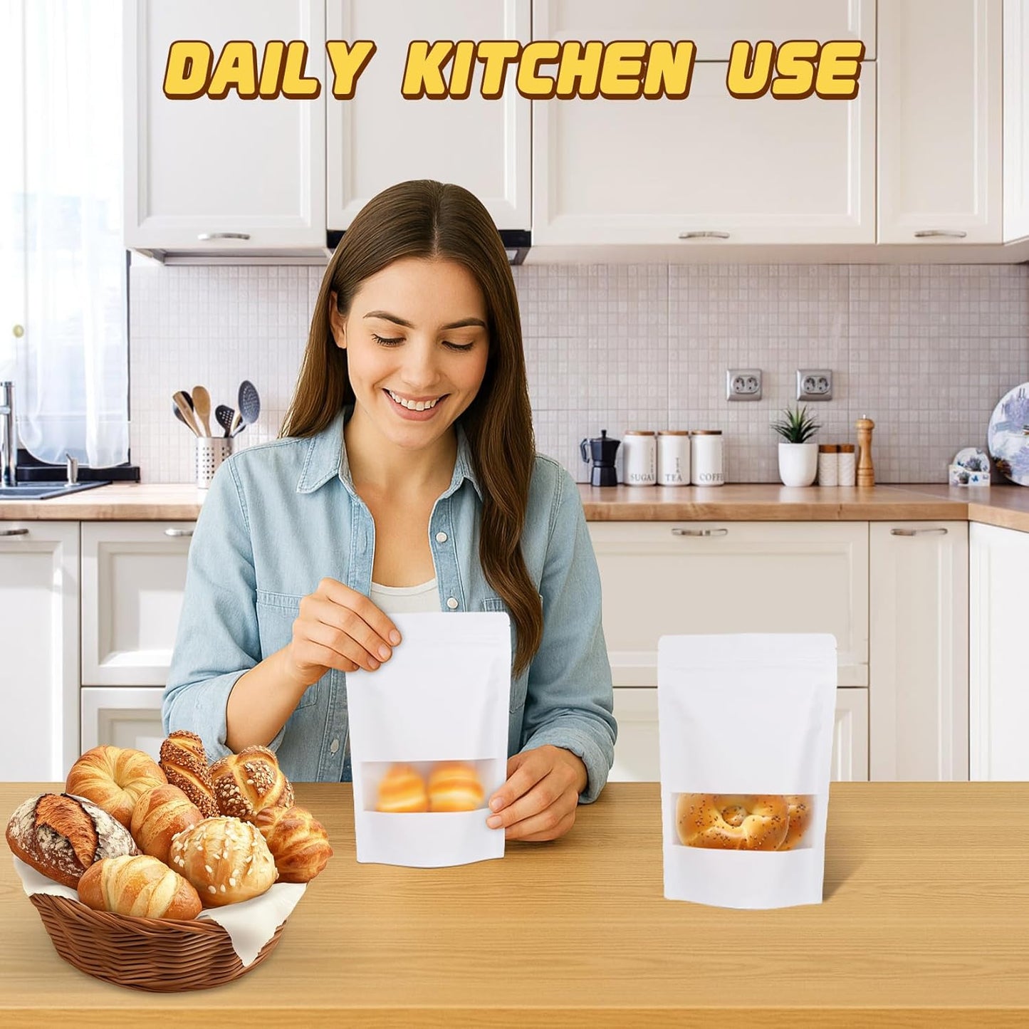 50 Pack Zip Lock Bags, Reusable Snack Bags with Window, Cookie Bags for Pastry, Herbs, Jerky, Spices, Soap, Pet, Gifts, Resealable Baggies for Small Business, Farm Stand Supplies