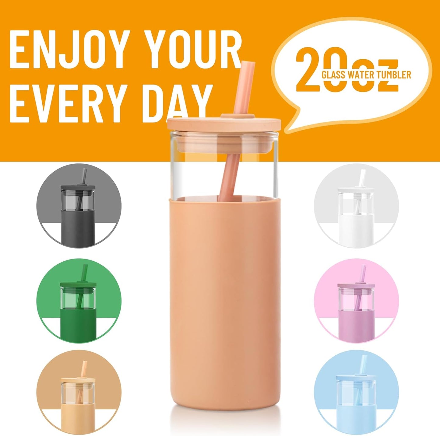 Tronco 20 oz Glass Tumbler With Lids and Straws, Reusable Smoothie Cups With Silicone Lid, Iced Coffee Cup With Silicone Protective Sleeve, Dishwasher Safe- BPA Free（Blackish Green 1 Count）