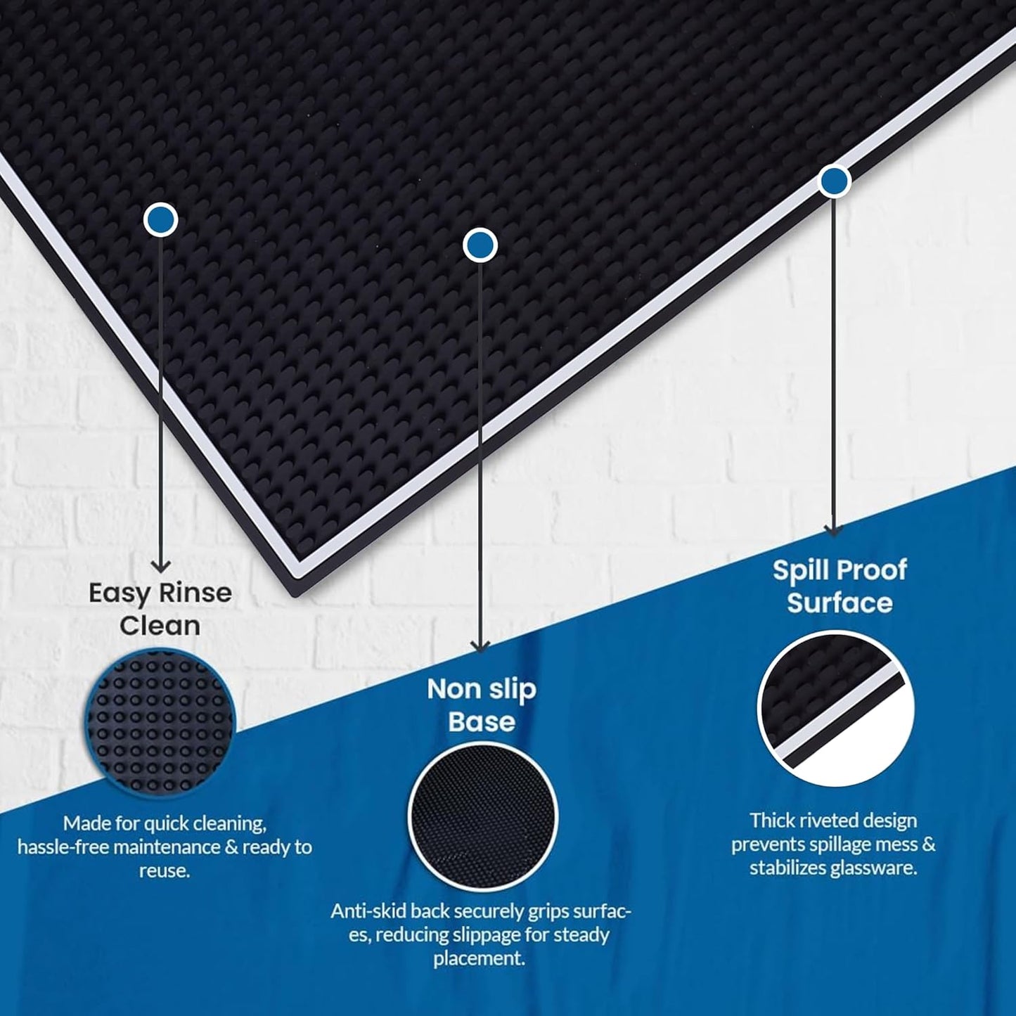 Premium Rubber Bar Mats for Countertop 18" x 12" White Edge Black Bar Mats for Bartending, Bar Service Mat, Home Bar, Coffee Mat Spill Matt (1 Piece)