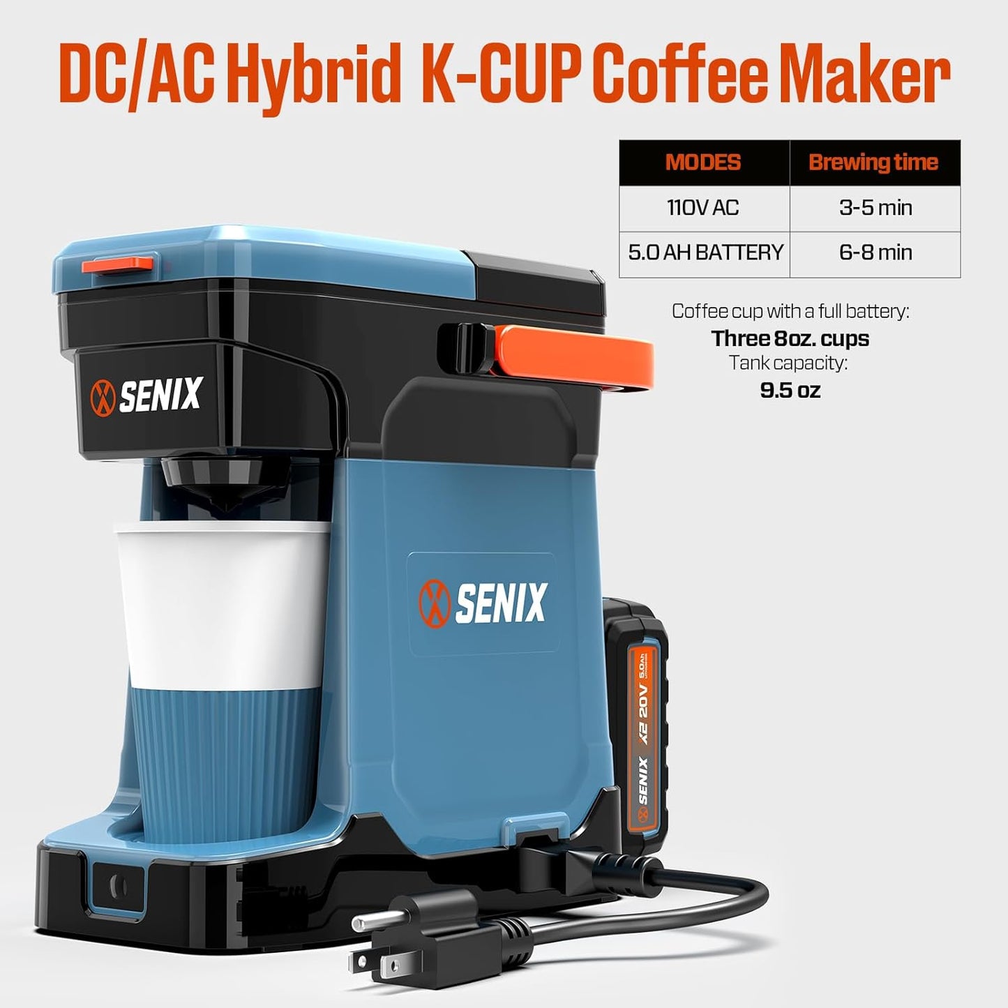 SENIX Coffee Maker, Portable Coffee Machine, 2-in-1 20V 5.0 Ah Battery, Charger & Power Cord, Compatible with K-Cups, Ground, Pods, 8oz Brew Size - for Travel, Camping, Job Site, RV, Home (CMX2-M4)