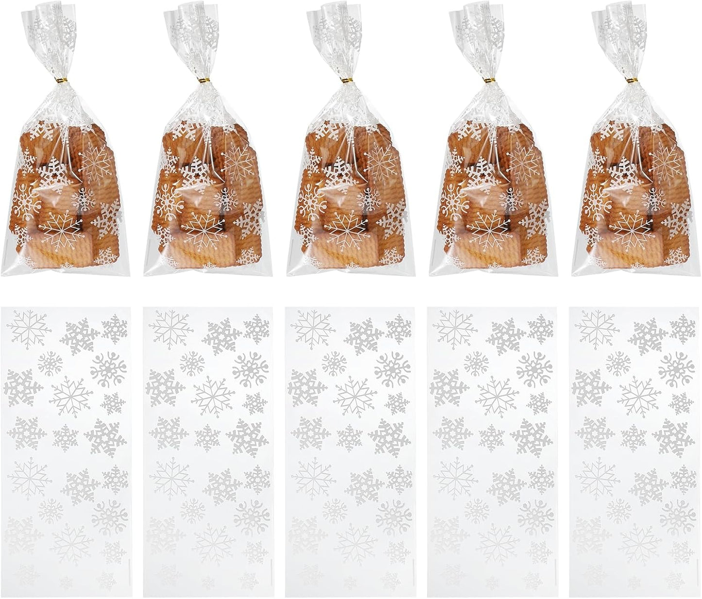 uxcell 100pcs Snowflake Treat Bags, Cookie Bags with Twist Ties for Candy Package Christmas Holiday Winter Party Favors, White