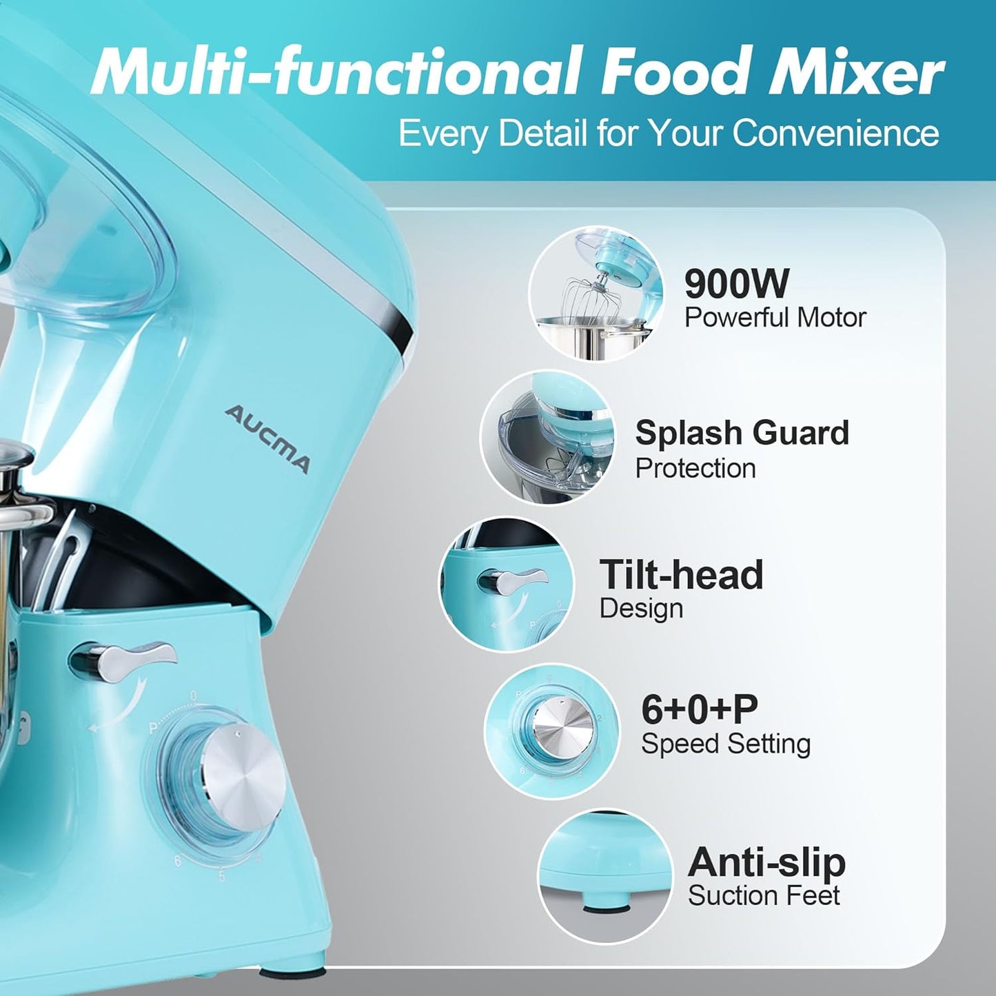 Aucma Stand Mixer, 900W 8QT Large Kitchen Mixer, Kitchen Electric Mixers with Dough Hook, Wire Whip & Beater (Blue, 8QT)