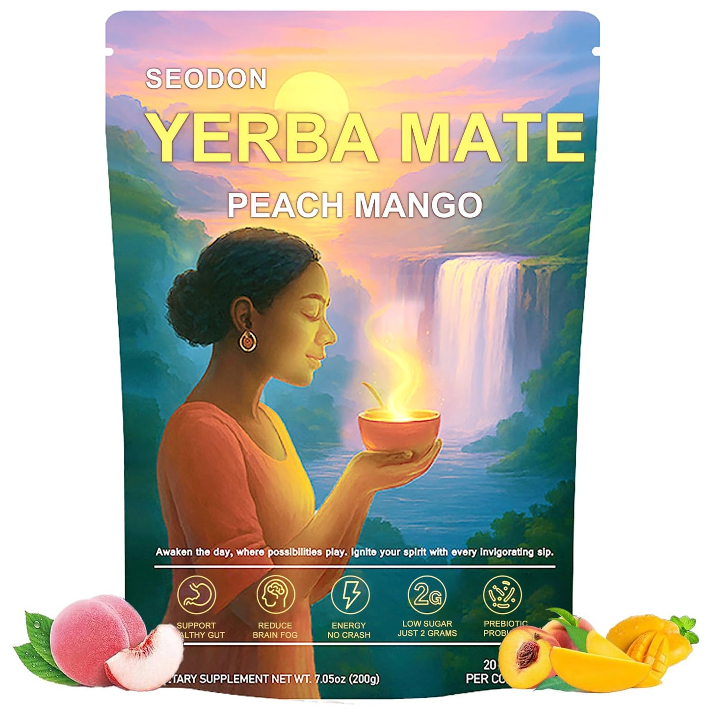Yerba Mate Instant Tea Powder – Super Drink Calm Yerba Mate, Peach Mango Flavor, 4-in-1 Functional Blend Mate Tea - Low Sugar