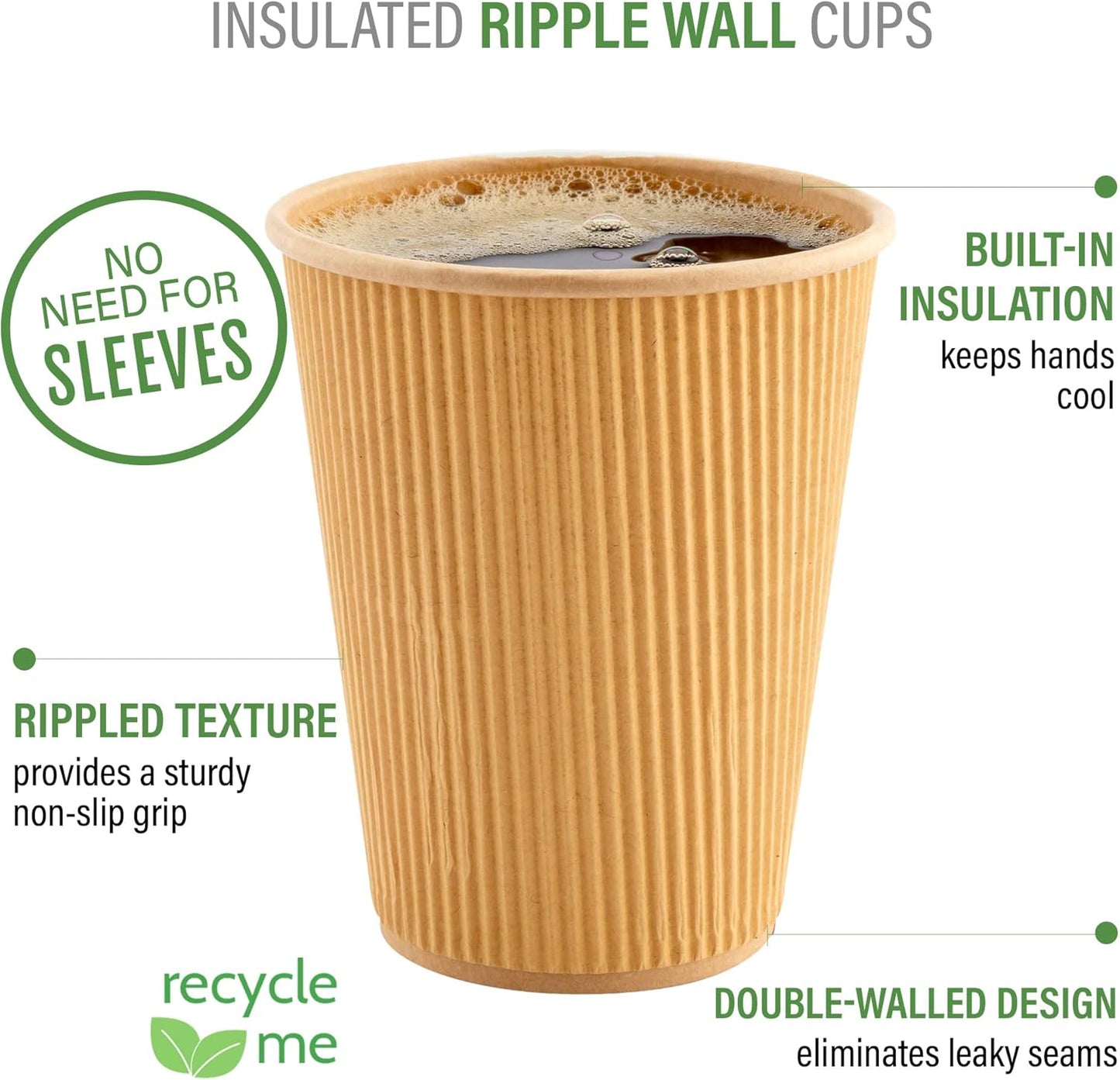 Restaurantware 8 Ounce Double Wall Disposable Coffee Cups, 25 Insulated Kraft Paper Tumblers Ripple Wall Design, Lids Available and Sold Separately, for Hot Drinks like Tea, Hot Chocolate