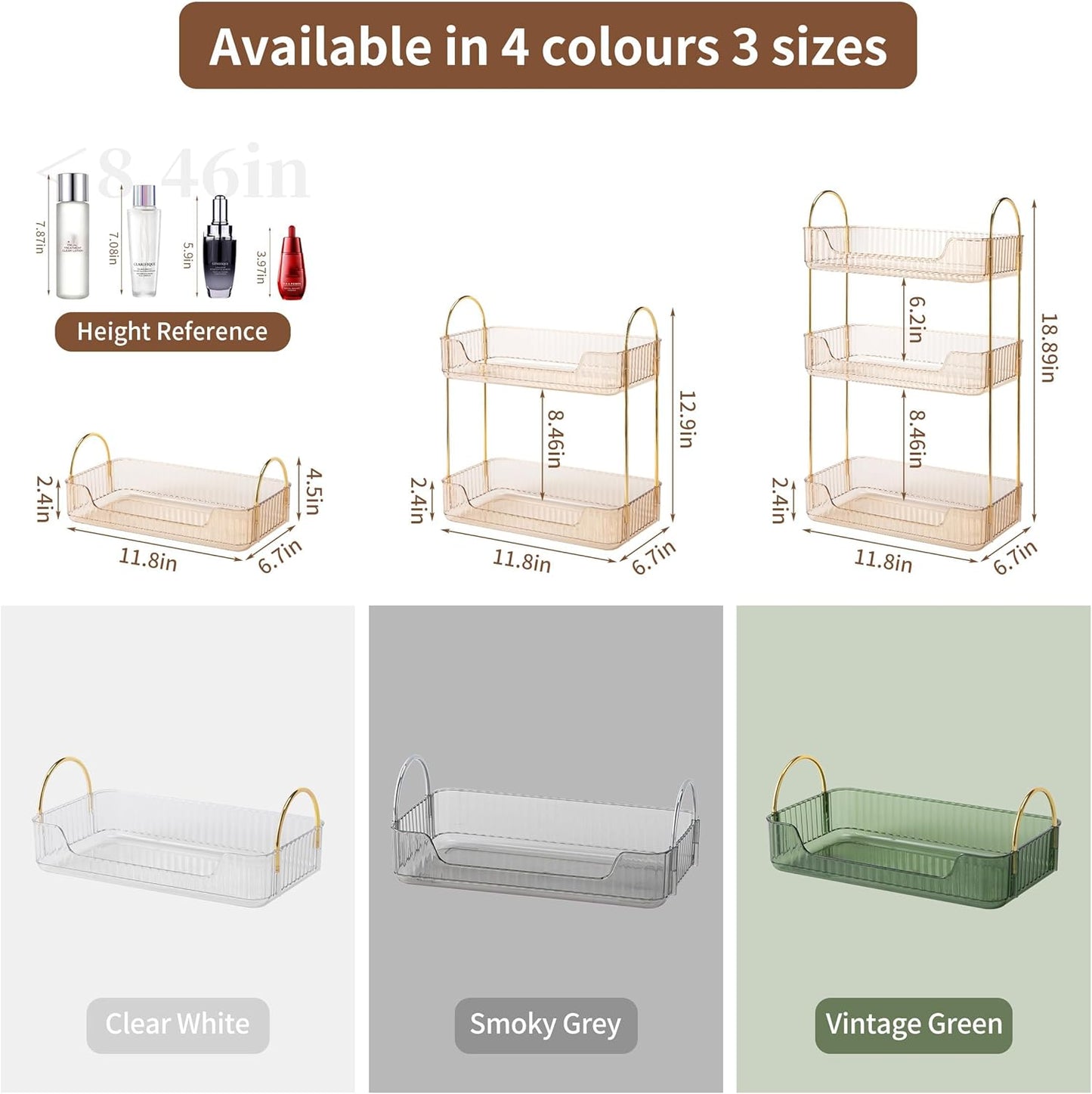 YCIA&DONE Bathroom Organizer Countertop, Makeup Storage, Skincare Cosmetic Tray Shelf, Perfume Holder Rack for Vanity Counter, Large Capacity, Easy to Install, Clean, 1 Tier, Amber Gold