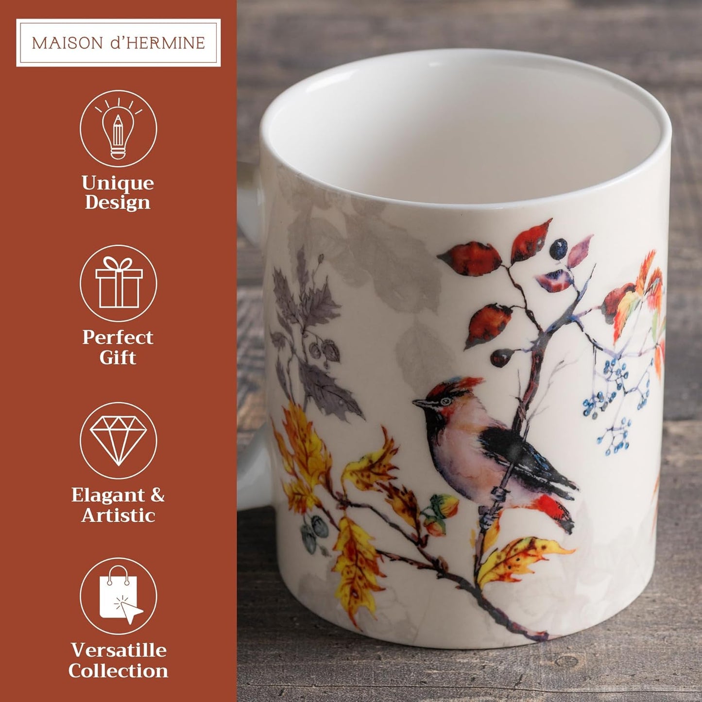 Maison d' Hermine Coffee Mug with Handles Fine Bone China Mugs Pack of One Tea Cups for Hot Beverages Cappuccino Latte Home Restaurant Office Perfect for Gift (Equinoxe - Beige Sparrows, 15 Ounce)