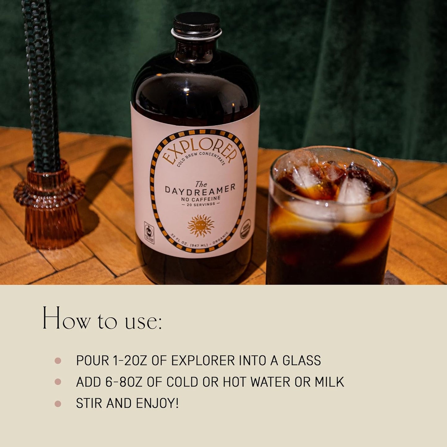 Explorer Cold Brew Organic Liquid Coffee Concentrate, Daydreamer Decaf, Drink Iced or Hot, 32 fl oz, Makes 20+ Cups