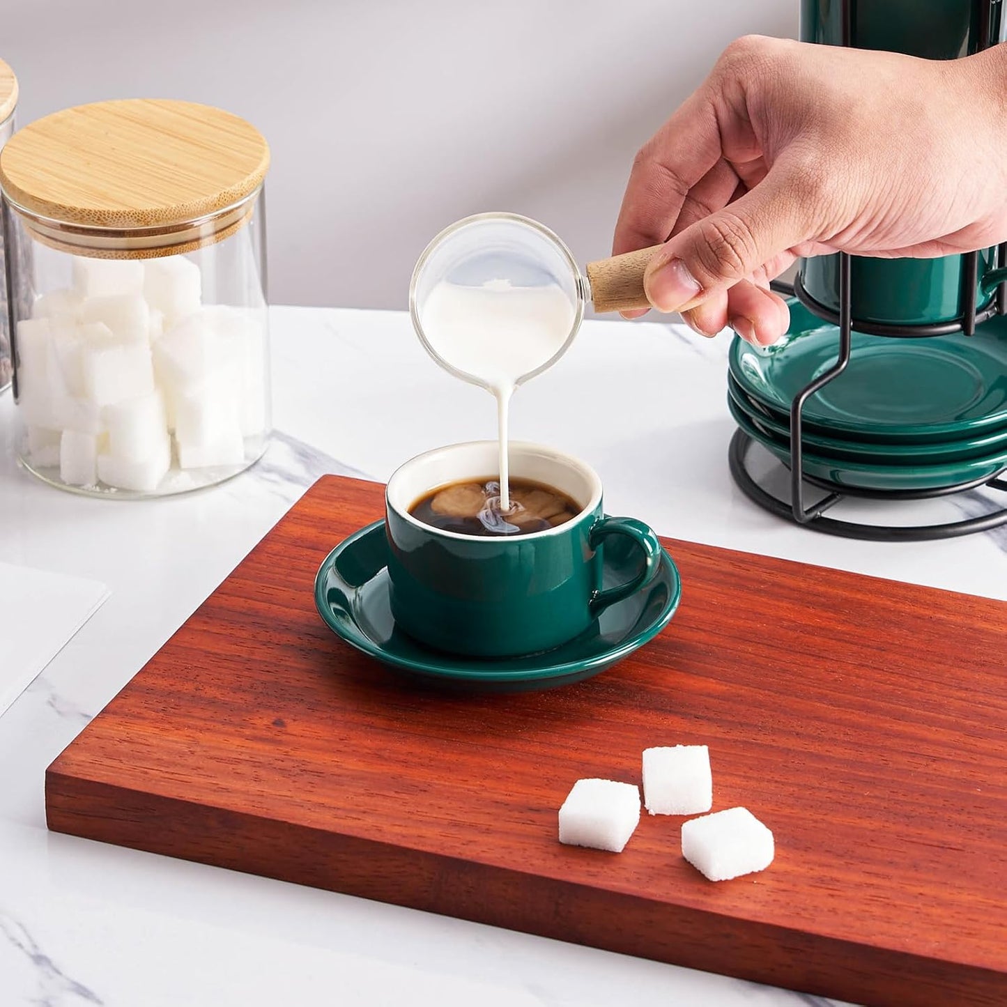 4oz Porcelain Stackable Espresso Cups with Saucers and Metal Stand Set of 4, Stackable Cappuccino Cups, Green Expresso Shots Cup Set for Coffee Drinks, Latte, Americano, Tea