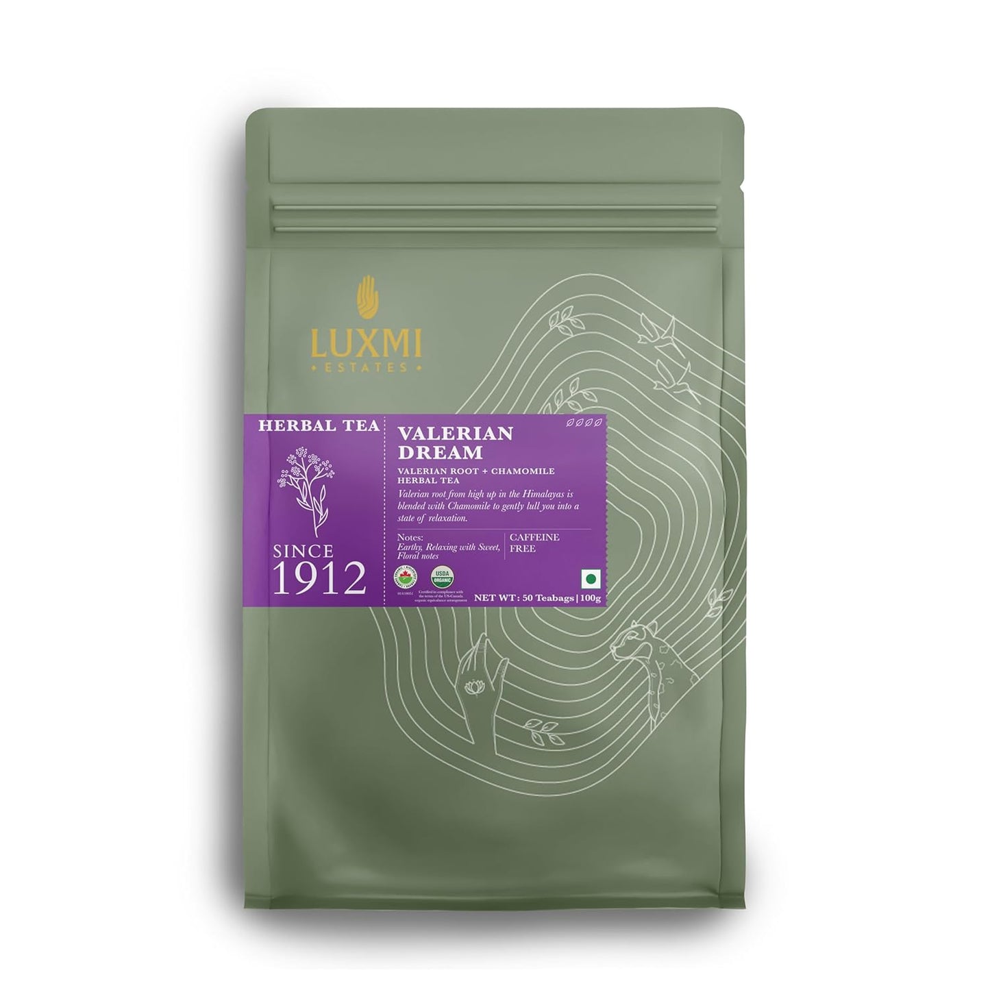 Luxmi Estates Valerian Dream Organic Valerian Root Tea (50 Tea Bags) Caffeine Free Tea For Sleep, Relaxing, Calming, and Stress Relief