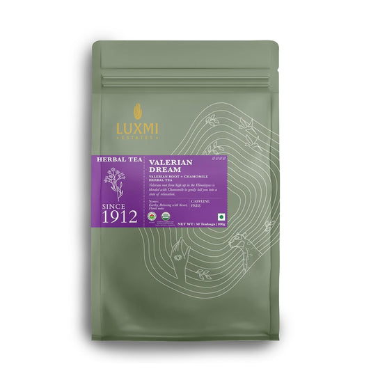 Luxmi Estates Valerian Dream Organic Valerian Root Tea (50 Tea Bags) Caffeine Free Tea For Sleep, Relaxing, Calming, and Stress Relief