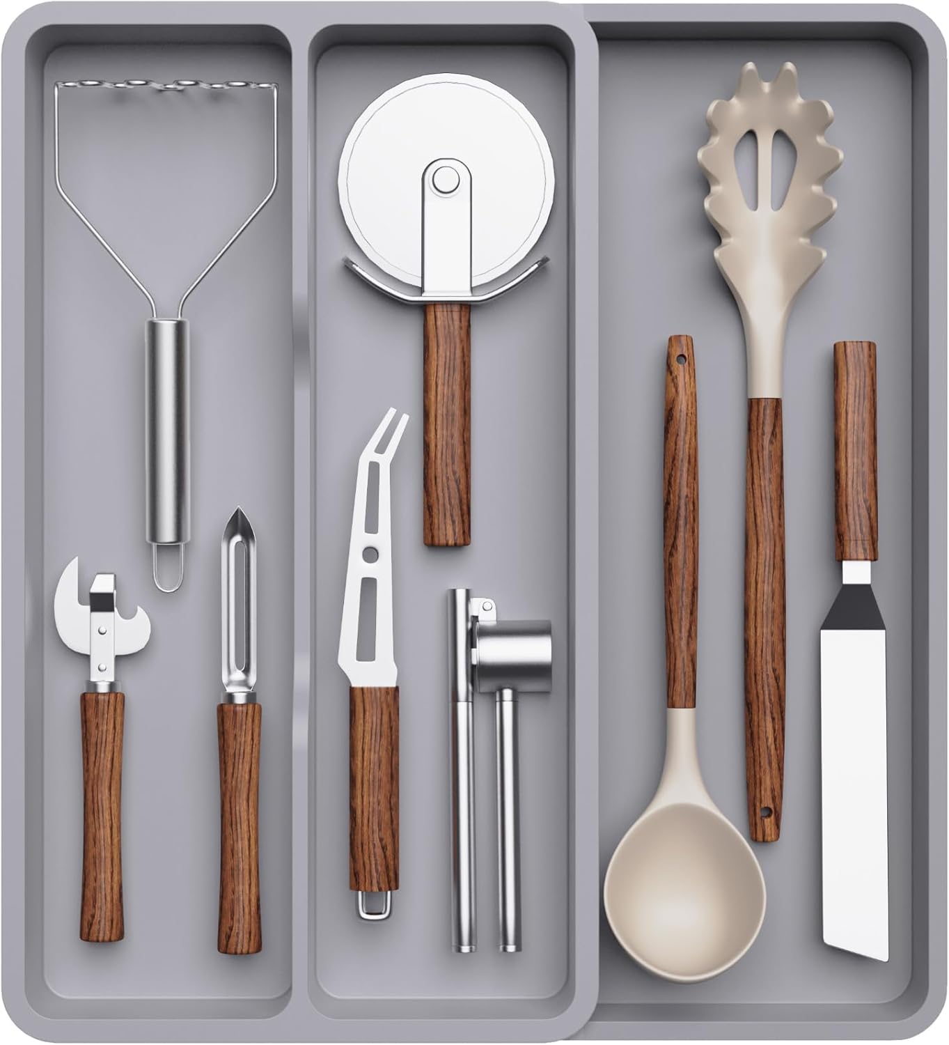 Lifewit Utensil Drawer Organizer, Expandable Cooking Silverware Tray for Kitchen Drawer, Adjustable Cutlery Flatware Holder, Plastic Spatula Tools and Gadgets Storage Divider, 3 Compartments, Gray