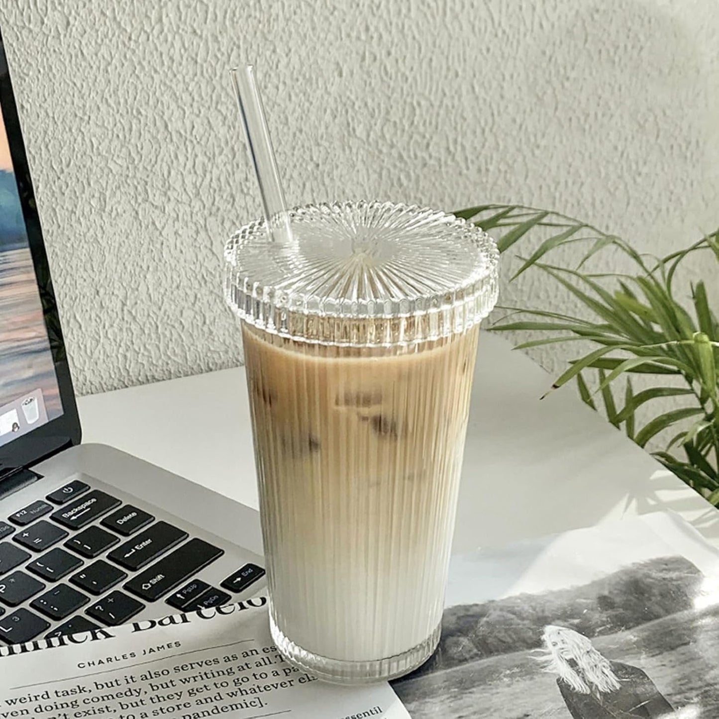 13oz Clear Iced Coffee Cups with Lids, Clear Glass Tumbler with Straw & Lid, Ribbed Glassware Cups, Dishwasher Safe Drinking Glasses, Stylish Glass Cups for Coffee, Juice, Tea, Matcha