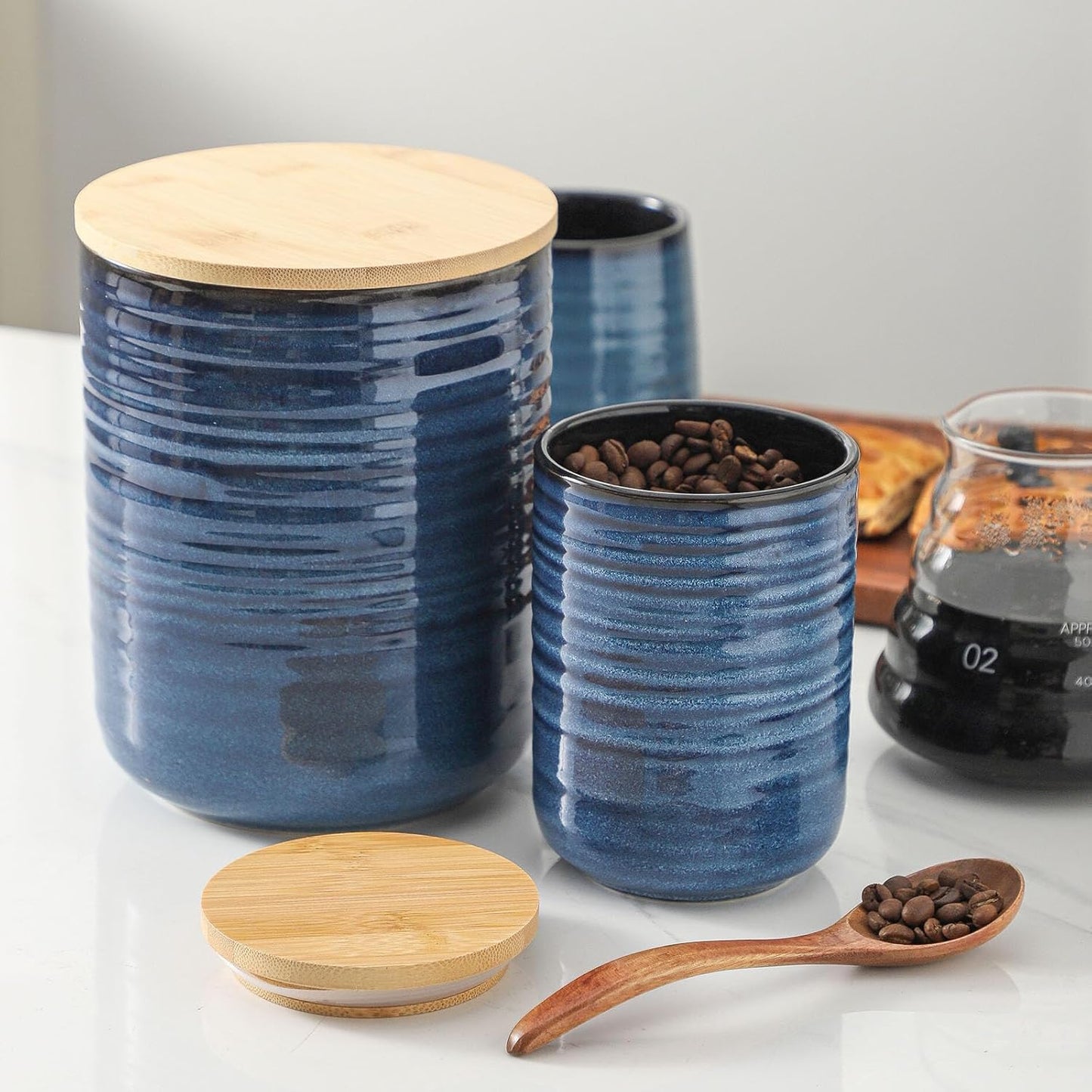 Hasense Ceramic Food Storage Jars with Bamboo Lids – 80oz + 24oz Kitchen Canister Set – 7.5" & 5.9" Airtight Containers for Coffee, Tea, Sugar, Flour – Pantry Organization Jar Set of 2（Blue）