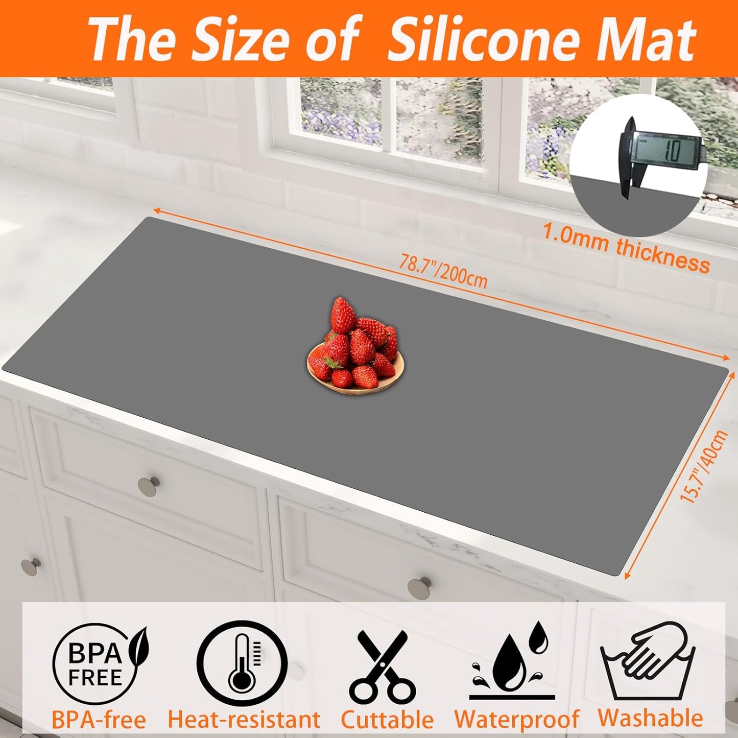 Large Silicone Placemat, 78.7''x15.7''(200cmx40cm) Extra Large Countertop Protector Mat, Heat Resistant Mat for Countertop with Non-Slip, Silicone Mats for Kitchen Counter/Crafts, Semitransparent