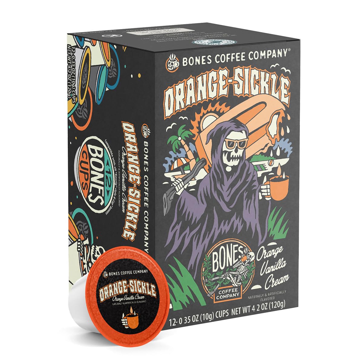 Bones Coffee Company Orange Sickle, Orange Vanilla Cream Flavored Coffee Pods, Low Acid Medium Roast Single-Serve Bones Cups, Compatible with 1.0 & 2.0 K-Cups Brewers Coffee Maker, 12 Count