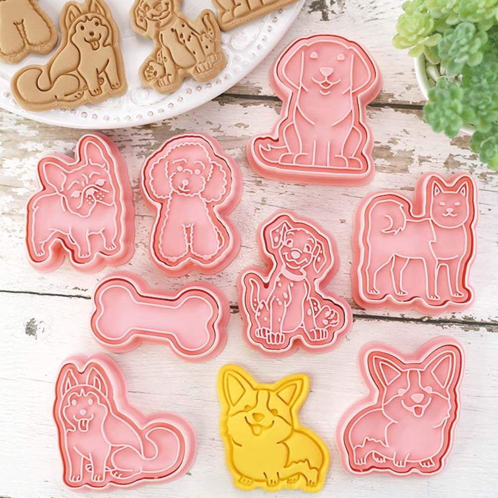8 Dog Cookie Cutters Set, 3D Puppy Cookie Stamps, Cupcake Pancake Apple Pie Pastry Biscuit Molds, Cookie Baking Molds for Dog Party Decorations (Puppy-2)
