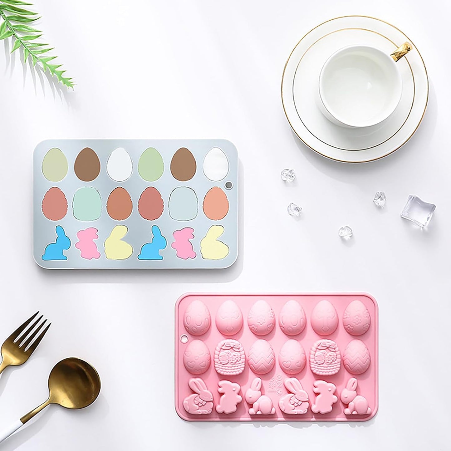 2 Pcs Egg Bunny Silicone Molds, 18-Cavity Baking Molds for DIY Cake Decoration,Chocolate, Pastry, Bread, Ice Cube, Soap, Jello, Easy Release, Reusable