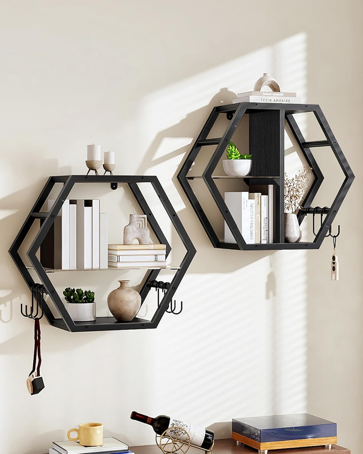 Hexagon Floating Shelves Set of 2, Glass Hanging Shelves for Wall Decor, Industrial Style Wall Storage Rack and 12 S-Hooks, for Living Room, Bedroom, Office, Game Center, Black TBJ08BB