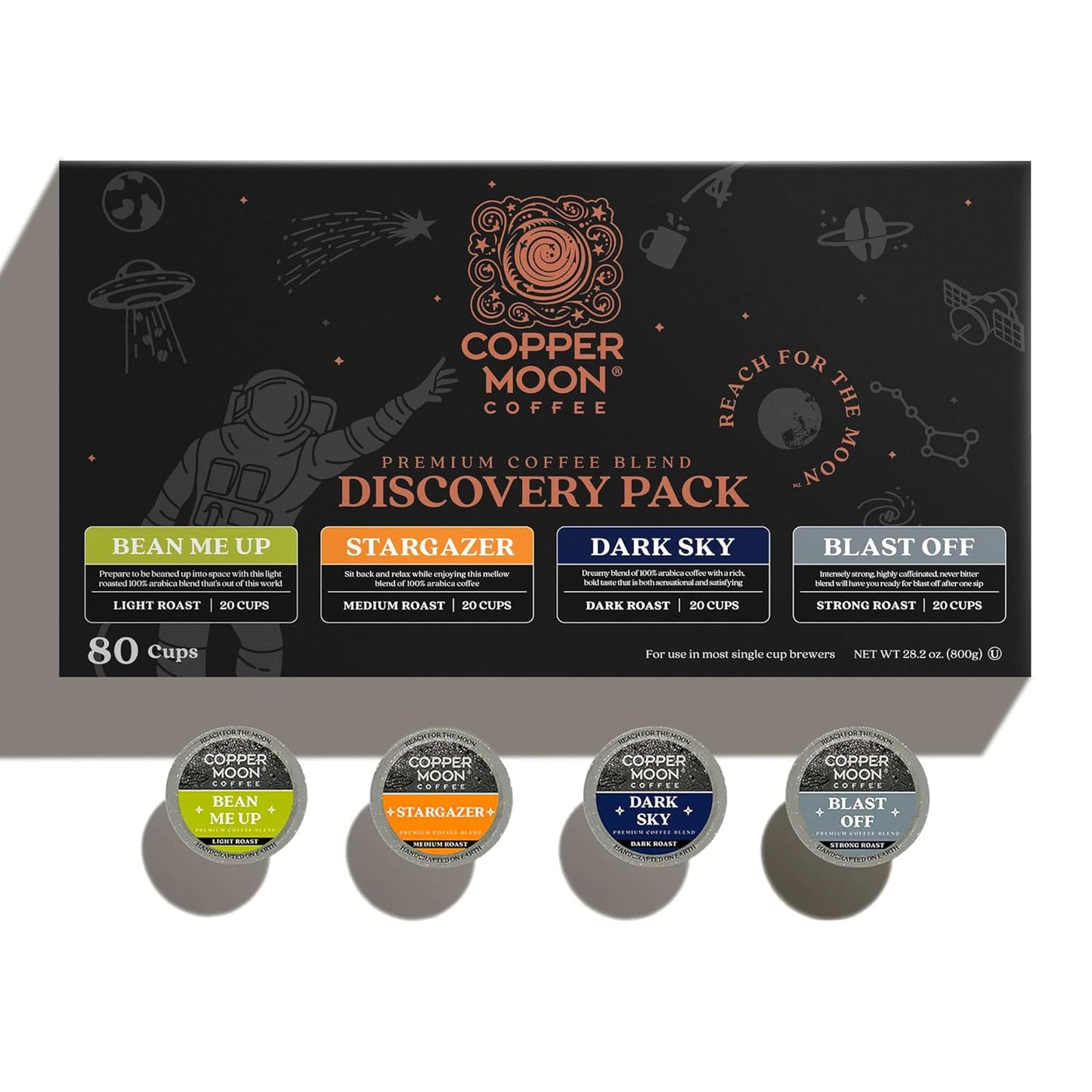 Copper Moon Single Serve Coffee Pods for Keurig K-Cup Brewers, Light, Medium & Dark Roast, Discovery Variety Pack, 80 Count