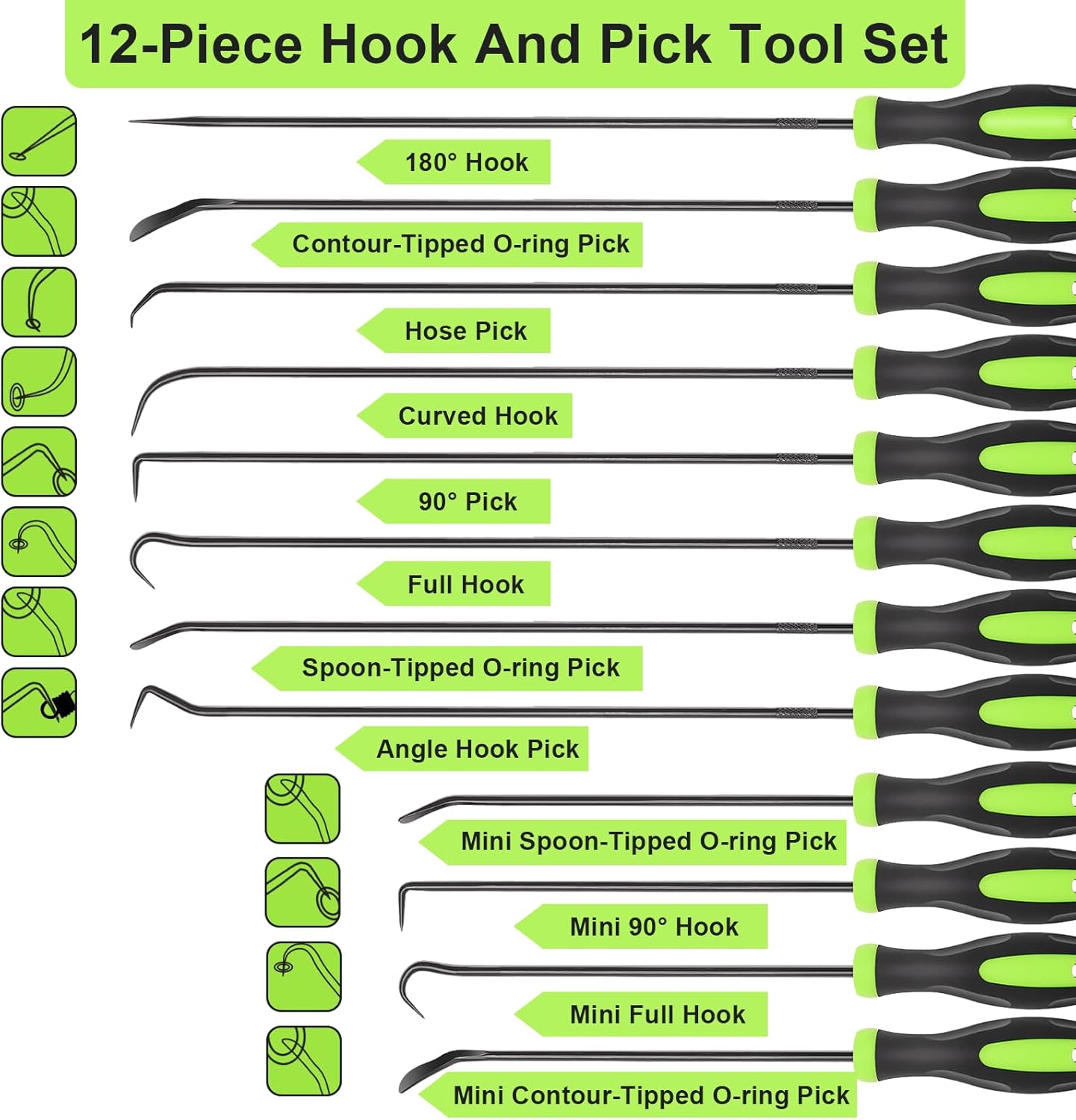 12PCS Automotive Hook and Pick Tool Set,Long & Mini Precision Puller Remover Tool Kit for Auto O-Ring,Seal & Gasket Removal,Mechanic Professional Tools,Car Repair Essentials