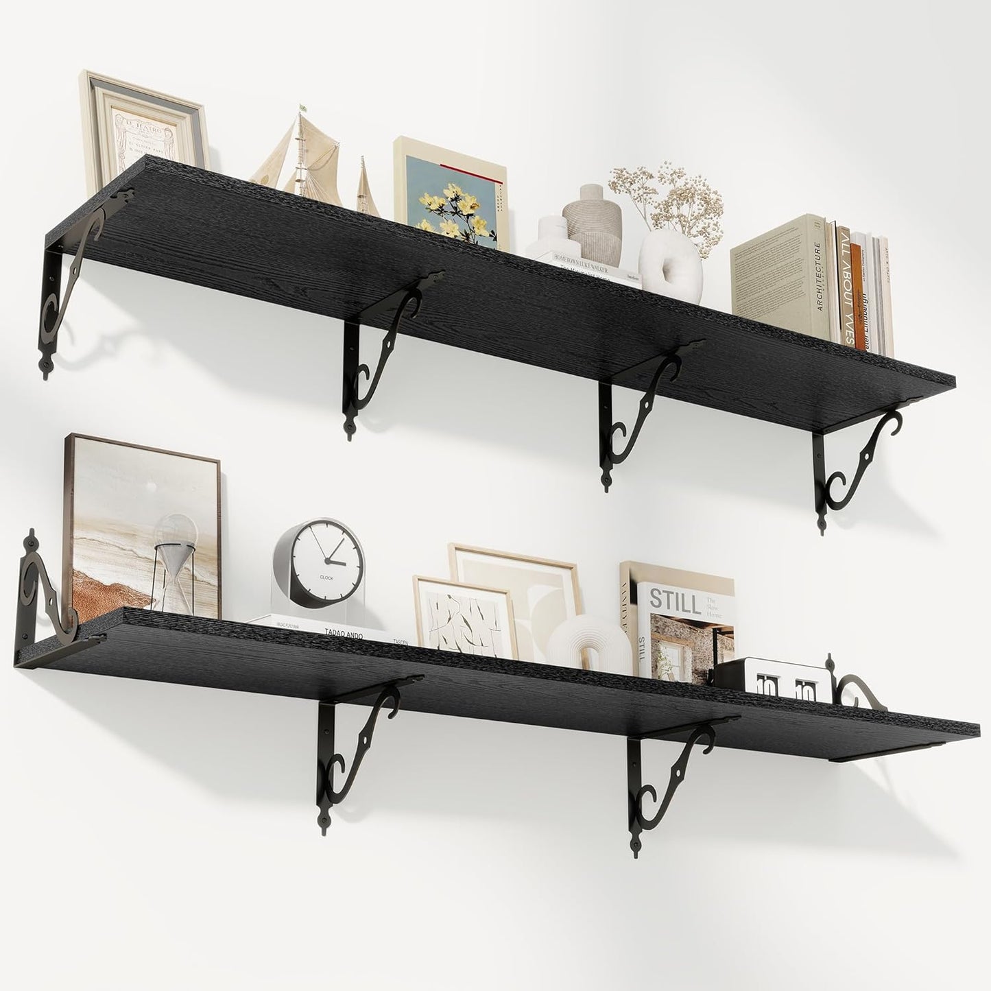 RICHFOCUS 12 Inch Deep Floating Shelves for Wall, 55" W x 12" D Black Wood Wall Shelves Set of 2, Wide Floating Shelves for Living Room, Bedroom, Kitchen, Bathroom and Decor Storage, Black