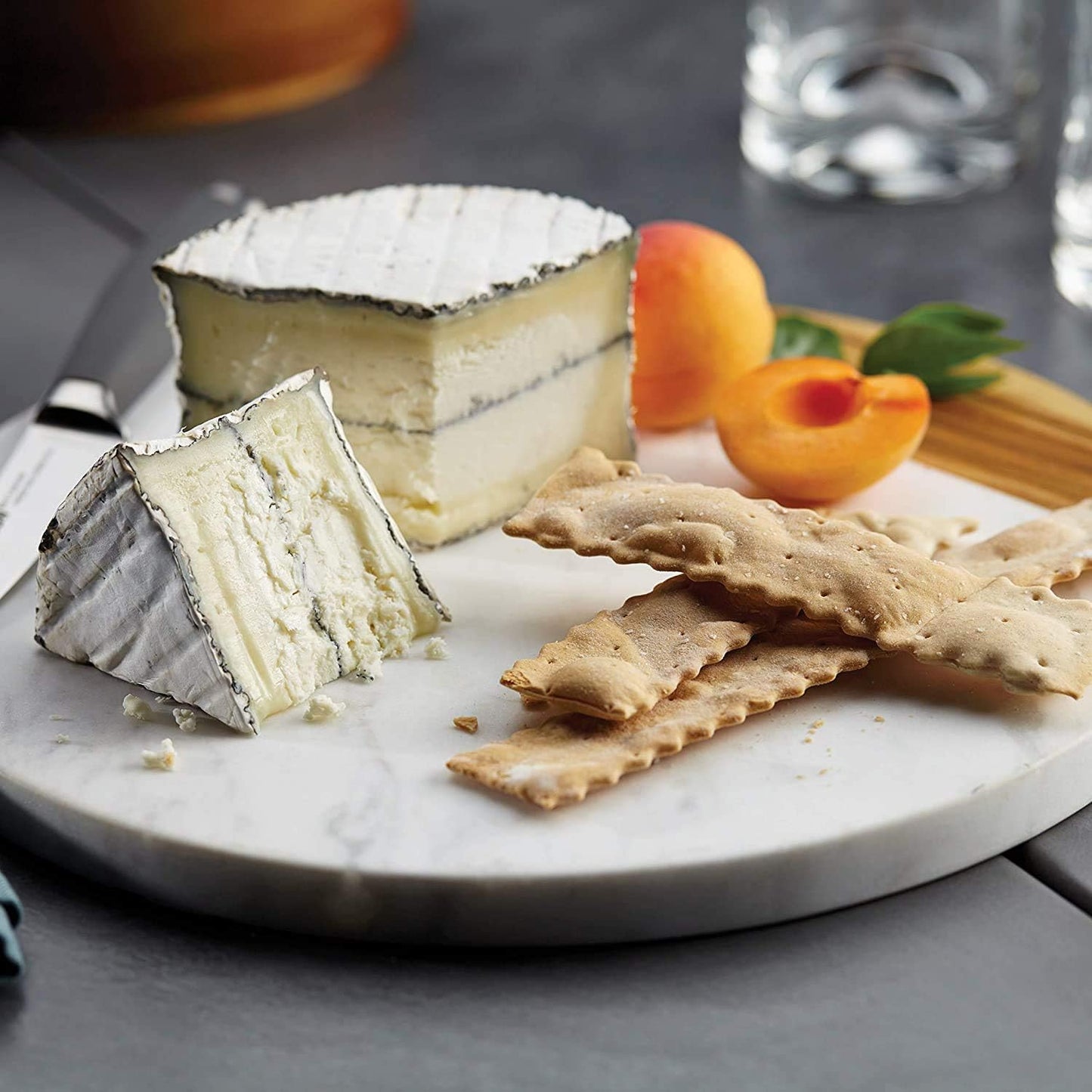 White Marble Board - Cheese Board | Acacia Wooden Serving Tray For Charcuterie, Cheese, Meats, Fruit, Crackers | Cutting Board, Serving Tray, Round Slab 10 Inches.