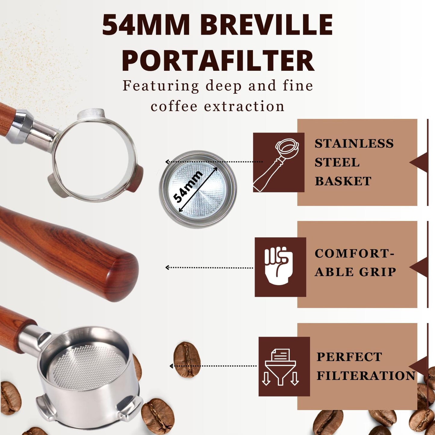Espresso Portafilter 54mm Bottomless Compatible with Breville Duo-temp, Infuser, Bambino, Barista Express, Barista Touch, and Barista Pro Espresso - Stainless Steel Filter Basked Included