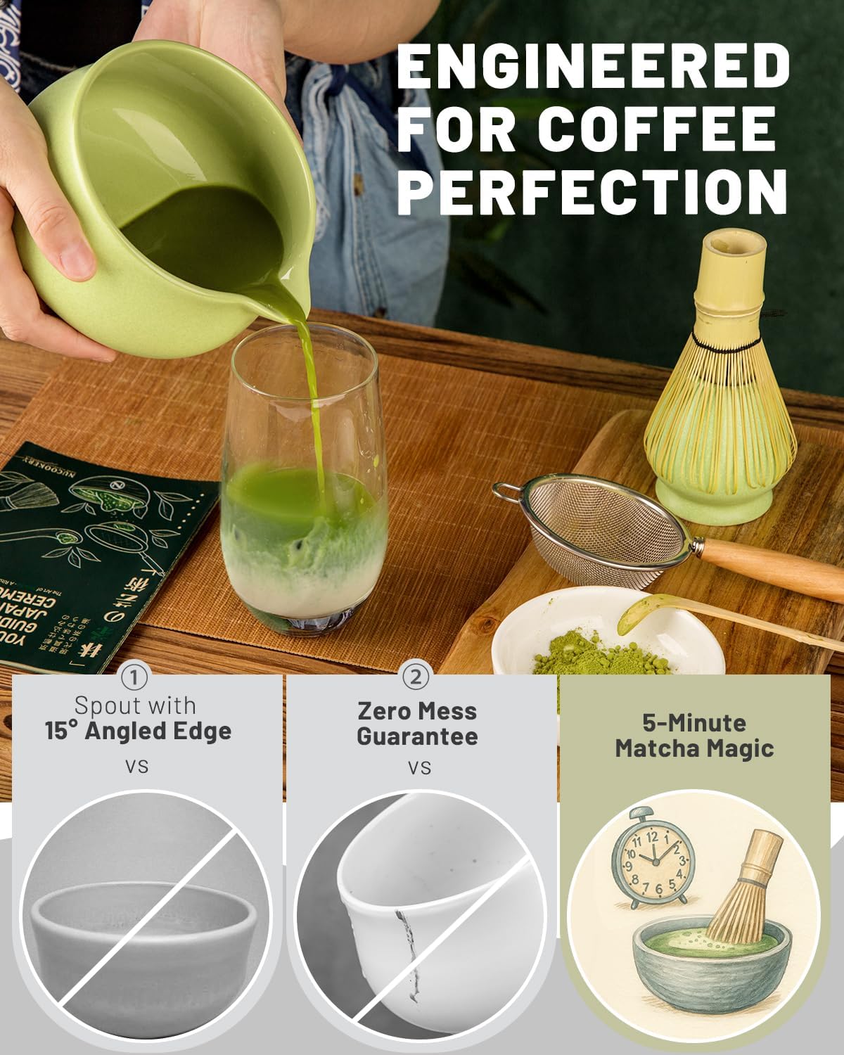 Nucookery Matcha Set - 6 PCS Matcha Whisk Set, 18OZ Matcha Bowl (Chawan) with Spout, Matcha Whisk (Chasen) and Holder, Bamboo Matcha Scoop and Sifter, Matcha Kit/Tools/Accessories for Tea Ceremony