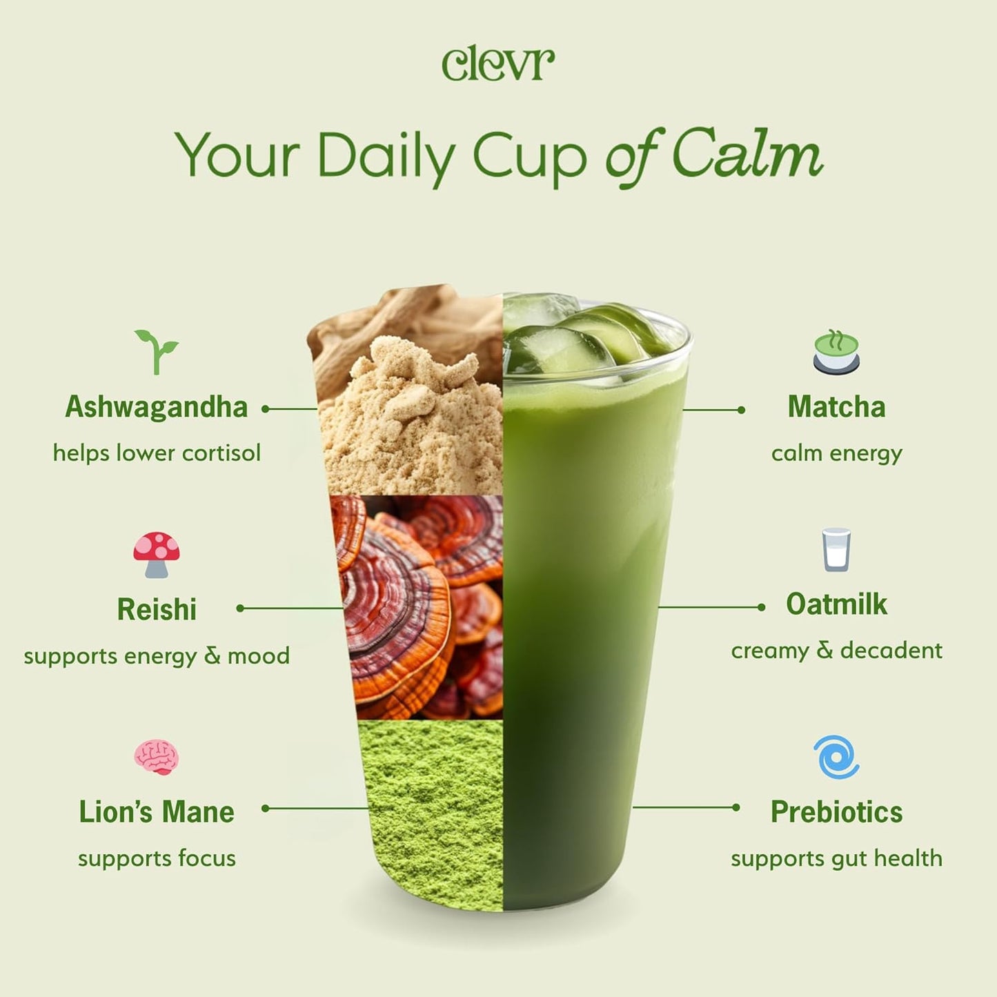 Clevr Blends Organic Matcha Green Tea Latte, Instant Ceremonial Grade, Superfood Powder Blend with Oat Milk, Lions Mane, Reishi Mushroom, Coconut Cream, Ashwagandha, Serve Hot or Iced, (30 Lattes)