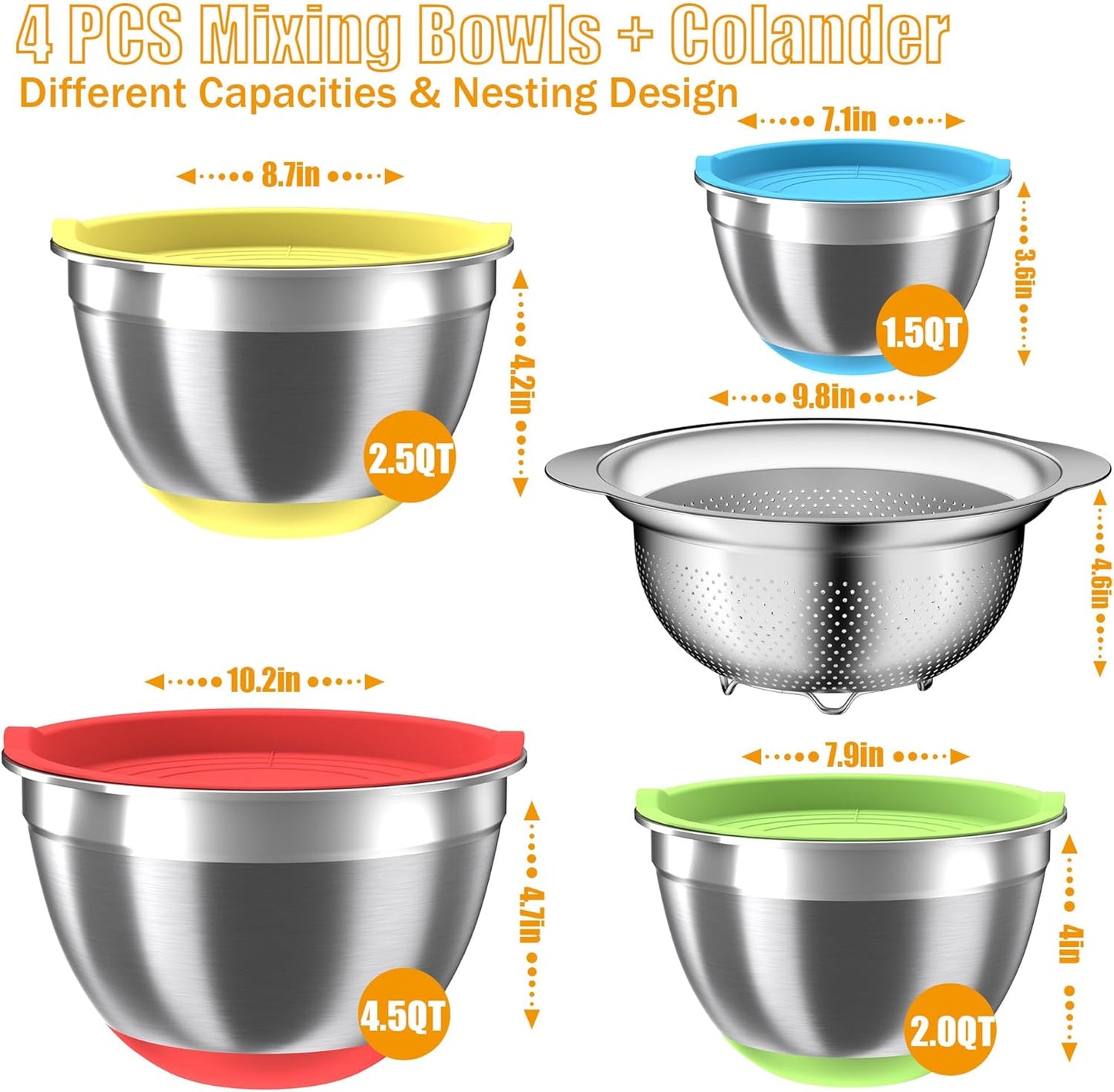 Mixing Bowls with Airtight Lids Set, 4 Stainless Steel Bowls Nesting Bowls & Colander, Kitchen Organizers and Storage Non-Slip Bottom, Size 1.5/2.0/2.5/4.5QT, Great for Mixing & Serving, Multicolor