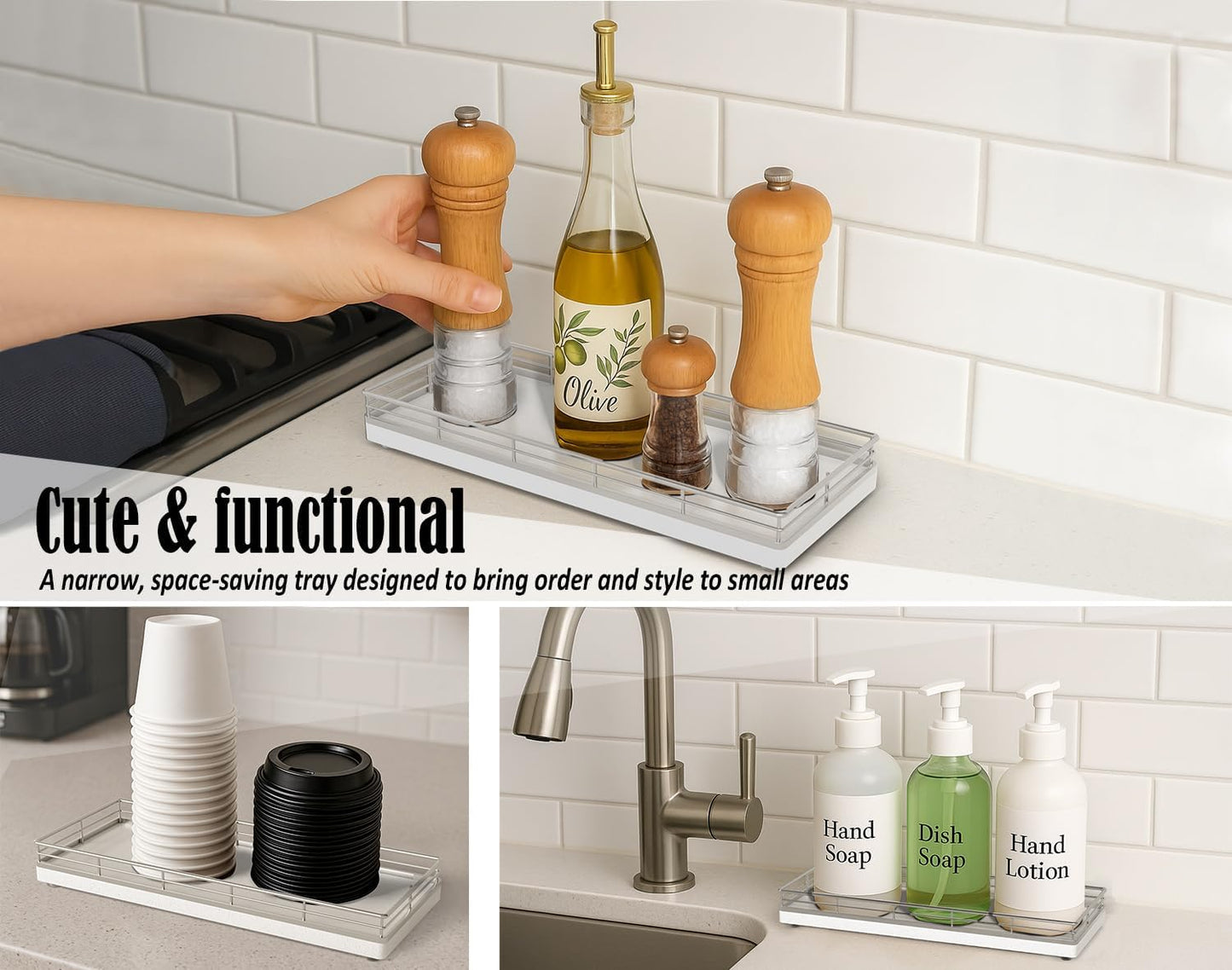 Bathroom Tray for Counter, Oak Wooden 11.2" L Vanity Tray for Jewelry Candle Makeup Perfume, Holder for Coffee Table Decor Bar Silver