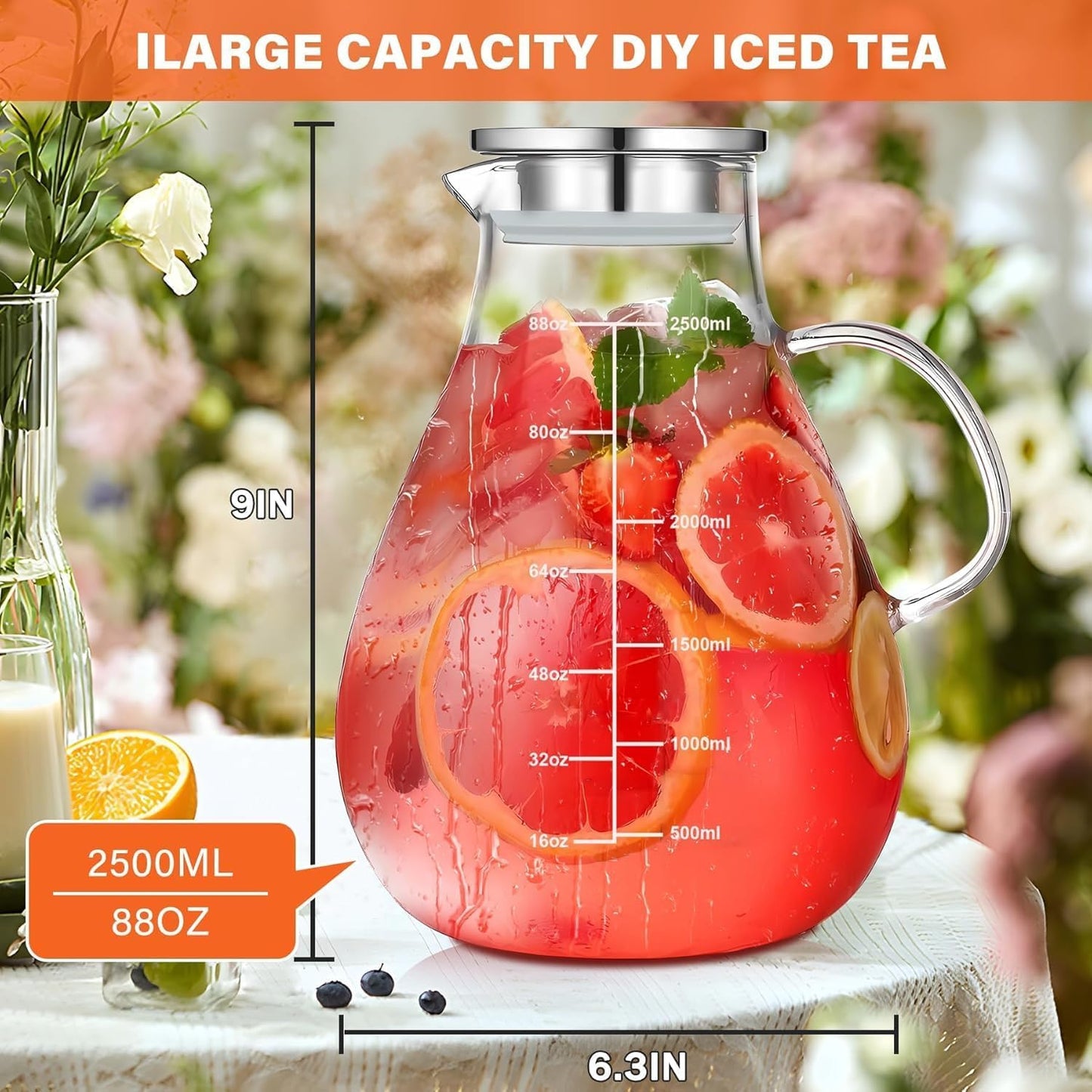84.5oz Borosilicate Glass Teapot with 304 Stainless Steel Lid & Built-in Strainer, Stovetop & Microwave Safe Tea Kettle for Loose Leaf/Iced/Fruit/Herbal Tea, 2500ml Clear Pot