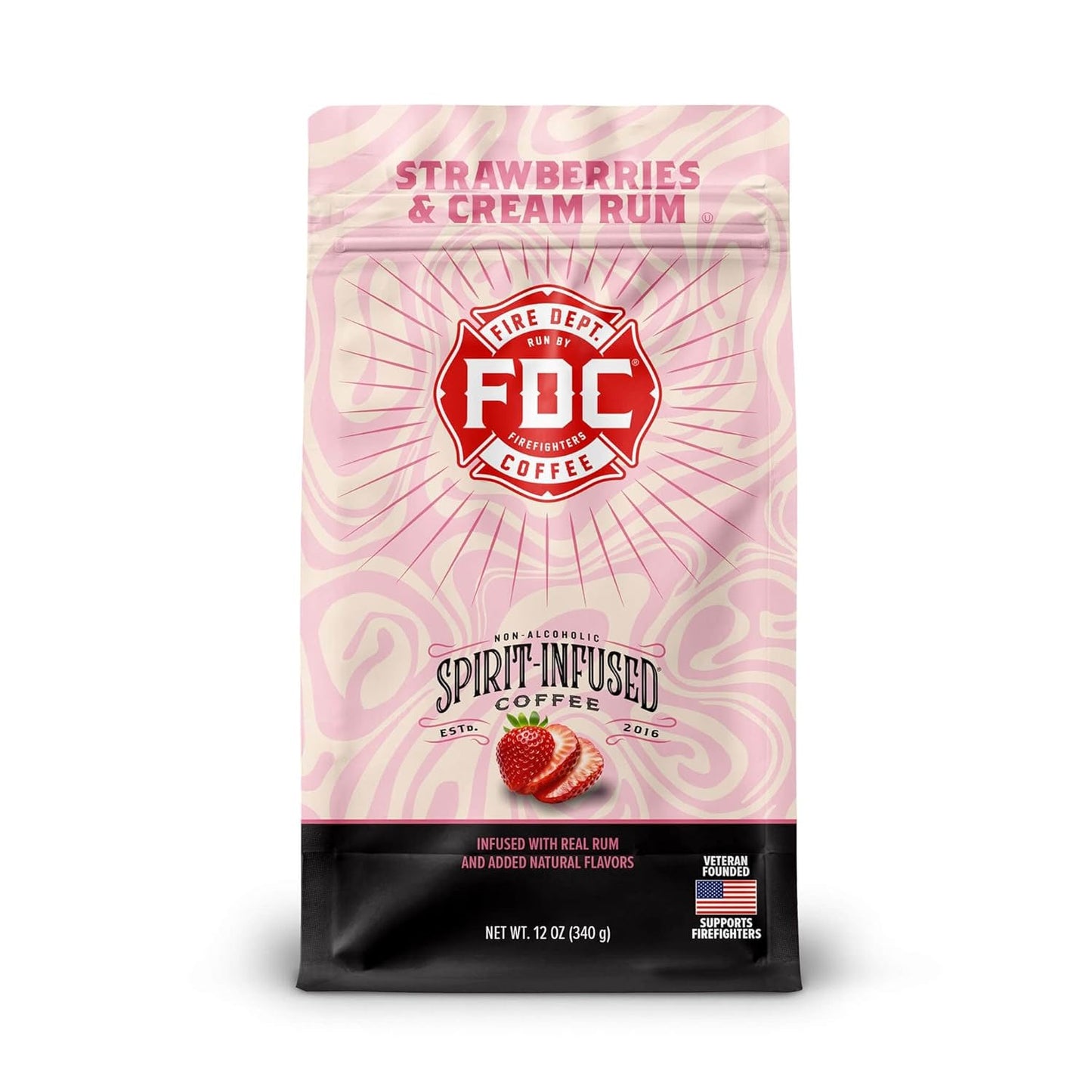 Fire Department Coffee - Gives Back to Firefighters - Strawberries & Cream Rum Infused Ground Coffee - Medium Roast - Non-Alcoholic - Roasted in the USA - Veteran Owned - 12 oz