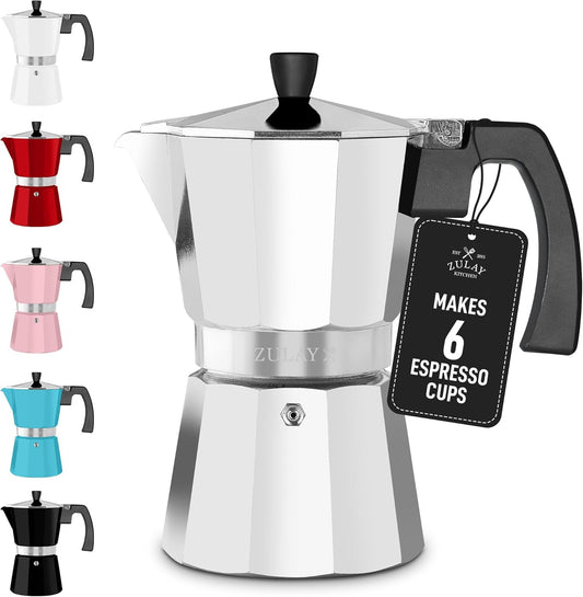 Zulay Moka Pot Espresso Stovetop Coffee Maker - Leak-Proof, aluminum, Easy to Clean, Heat Resistant Handle & Knob - for Authentic Cuban & Italian Style Espresso - Makes 6 Espresso Cups - Silver