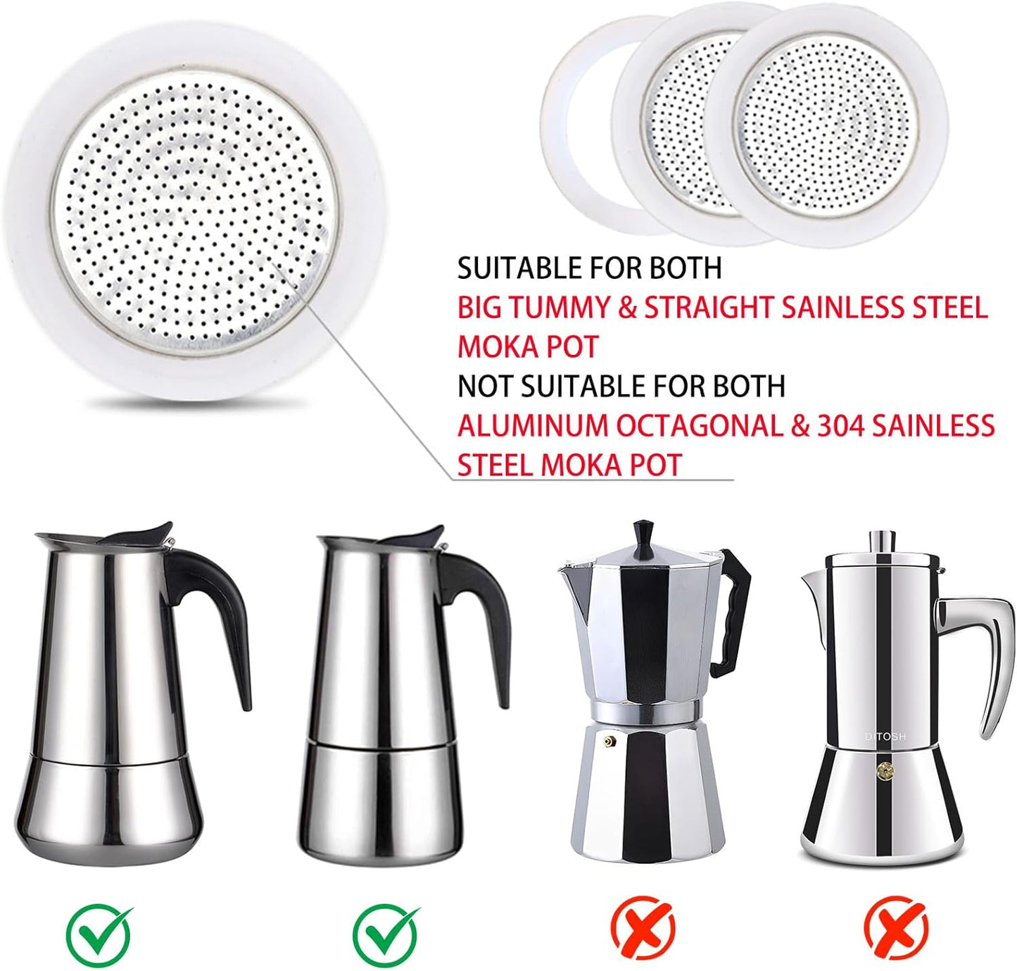 2 Pcs Filter with 3 Pcs Silicone Gasket Seals for 6 Cup Stovetop Espresso Coffee Maker Replacement Parts for Big Tummy and Straight Stainless Steel Moka Pot