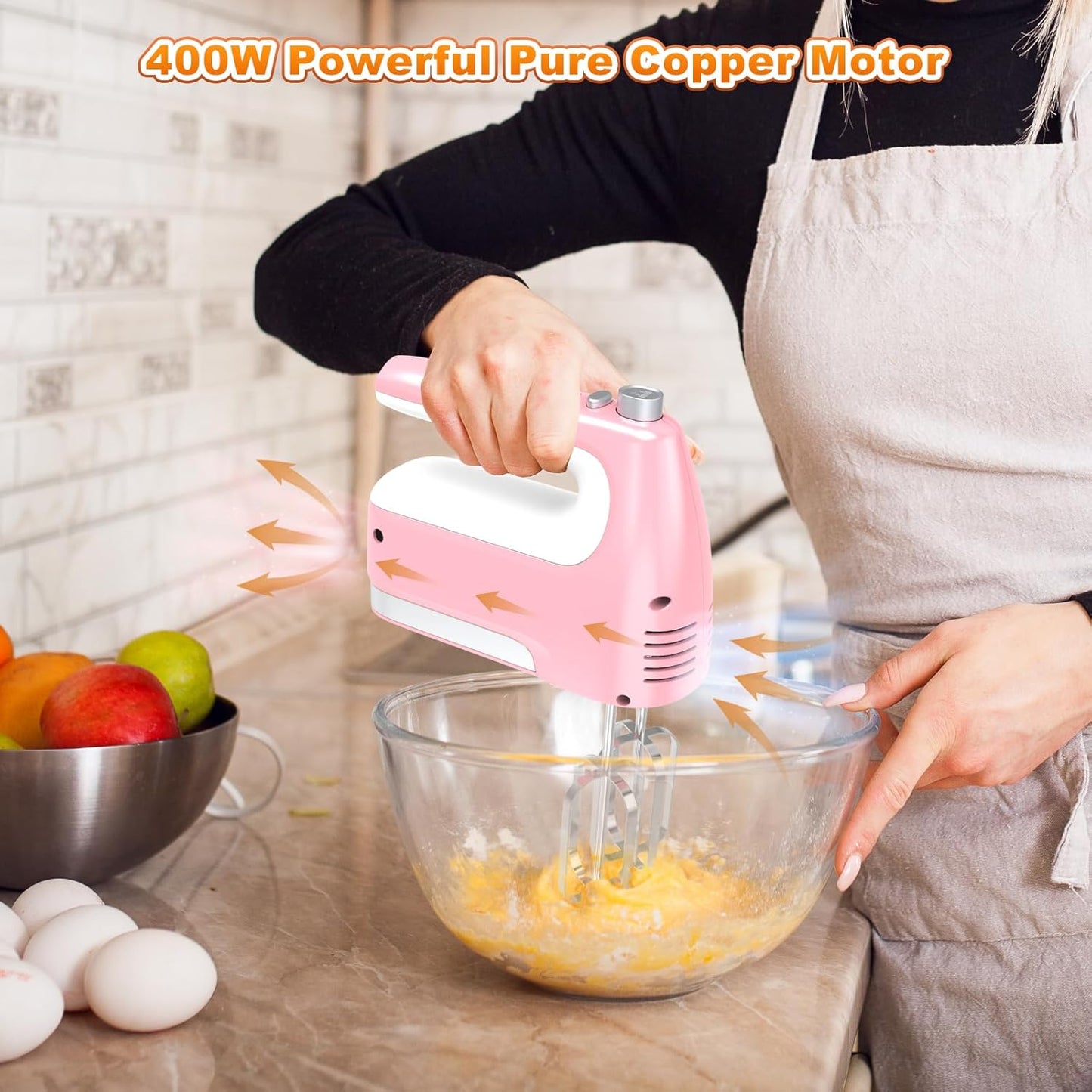Hand Mixer Electric, 5-Speed Powerful 400W Motor, Hand Mixer Electric Handheld, Handheld Mixer with Turbo Boost & Storage Case, 2x Flat Beaters, 2x Dough Hooks, 1x Whisk for Baking (Pink)
