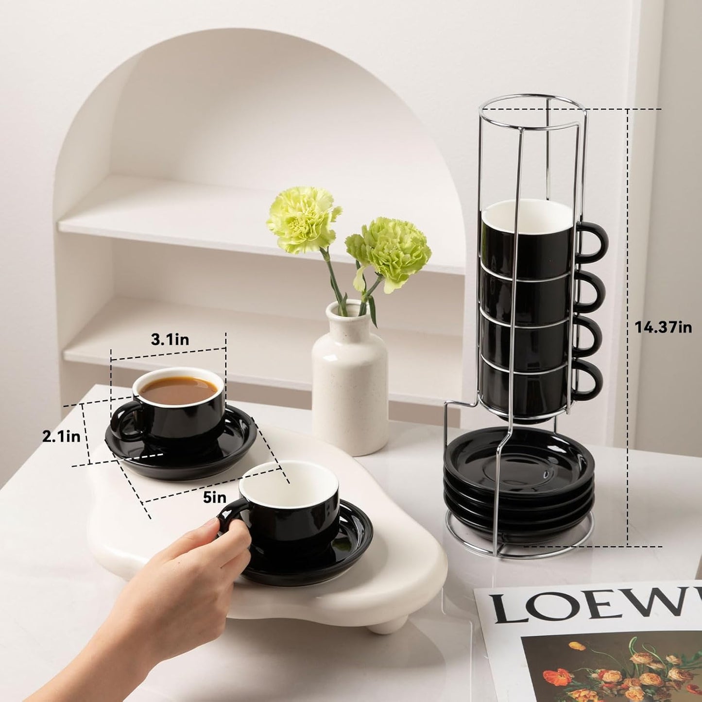 Sweejar Ceramic Espresso Cups Set of 6, Espresso Cup Stackable, 4 Oz Stackable Cappuccino Cups with Saucers and Metal Stand for Coffee Drinks, Americano, Latte, Tea (Black)