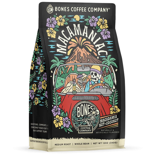 Bones Coffee Company Macamaniac, Macadamia and Coconut Flavored Coffee, Medium Roast Low Acid Arabica Beans Compatible with Auto drip and French Press Coffee Maker, 12 Oz Whole Bean