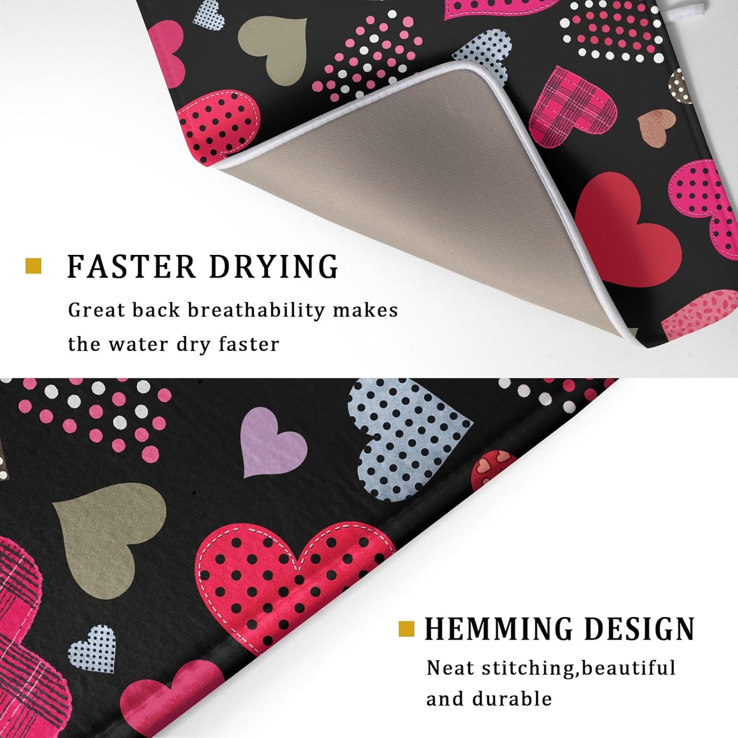 Happy Valentine's Day Black Dish Drying Mat for Kitchen Counter,Pink Love Heart Drying Mat 18 x 24 Inch with High Absorbent Microfiber Drainer Mat for Coffee Bar