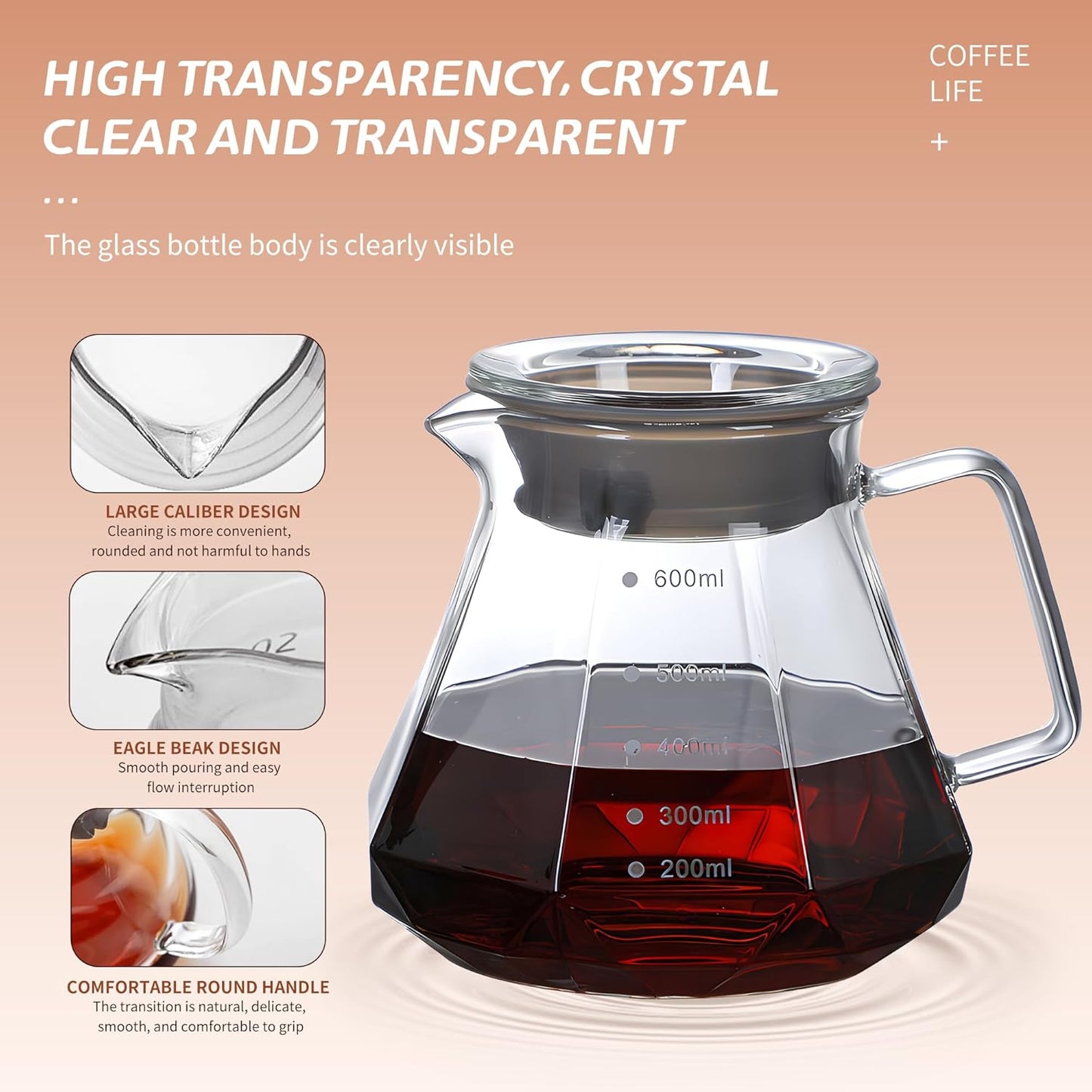 Glass Coffee Server for Drip Coffee Maker, Standard Glass Coffee Carafe, Coffee Pot with Lid, Clear, 01 360ml(12oz)