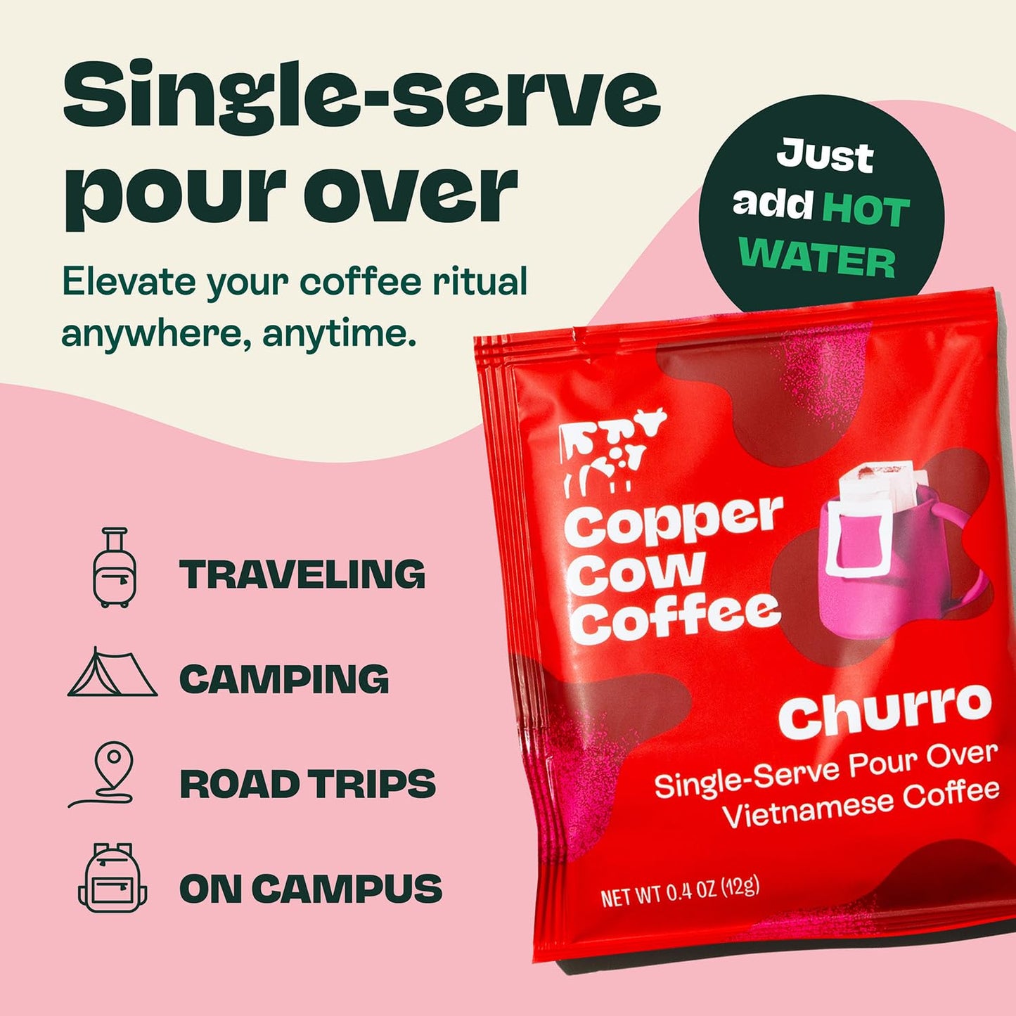 Copper Cow Premium Pour Over Single-Serve Vietnamese Coffee | Churro | Dark Roast | Flavored with Real Cinnamon | Includes 16 Coffees
