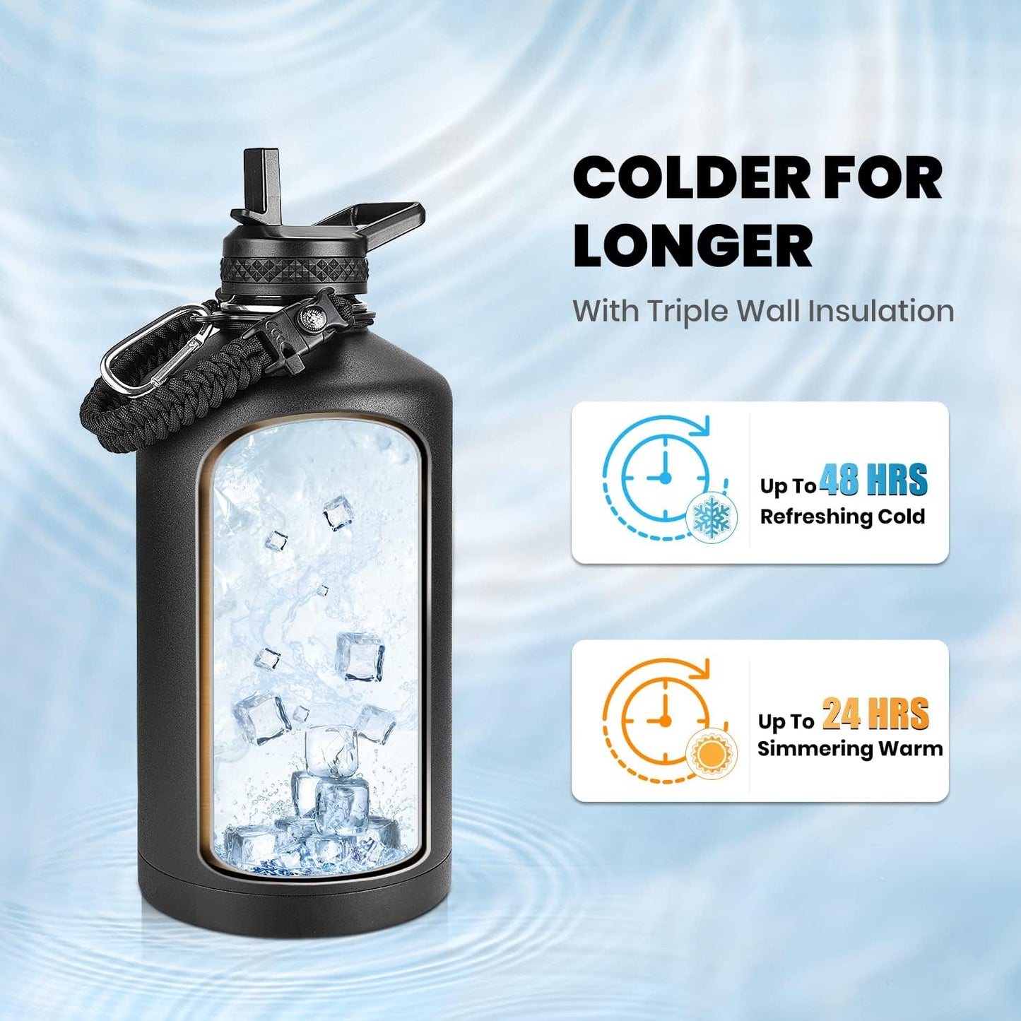 One Gallon Water Bottle Insulated, Triple Walled Vacuum Stainless Steel (Cold for 48 Hrs), Leak Proof & Non-BPA, Large Water Flask Jug with Paracord Handle & Straw Spout Lids