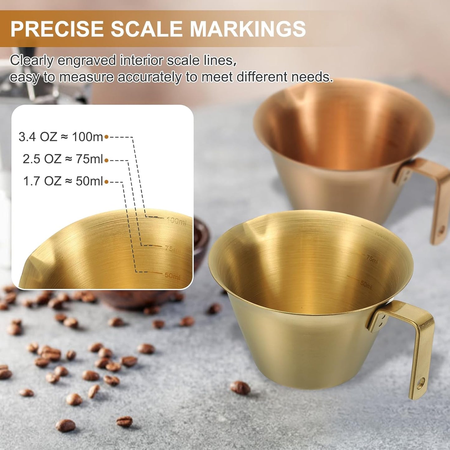 uxcell 2 Pcs Stainless Steel Espresso Cup with Handle, V-Shaped Mouth Espresso Measuring Cup with Scale for Preparing Coffee, Cocktails, 3.4OZ/100ML (Iridescent)